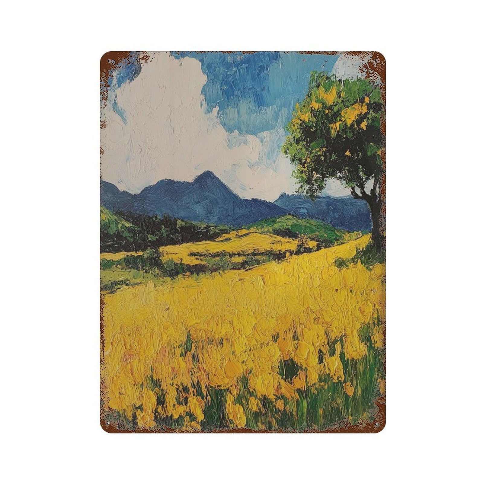 xiaoxiaoshen Field of Yellow Flowers Van Gogh Style Nature Scene. Impressionist Oil Painting Wall Decor Art Metal Tin Poster Modern Home Decor Art Home Bar Shop Decorations Vintage Sign 40x30cm
