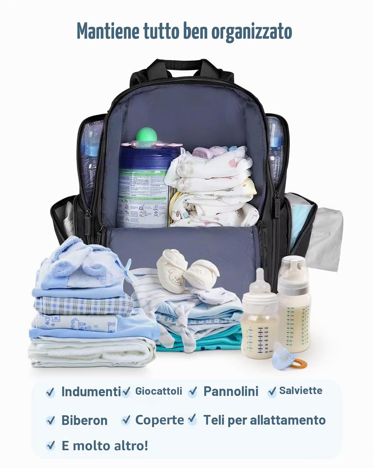 Mancro Zaino Fasciatoio Neonato, Grande Capacità Borsa Passeggino Universale con Scomparto Antifurto, Impermeabile Multifunzione Borsa Bebè con Tasche Laterali Termiche per Mamma e Papà, Nero