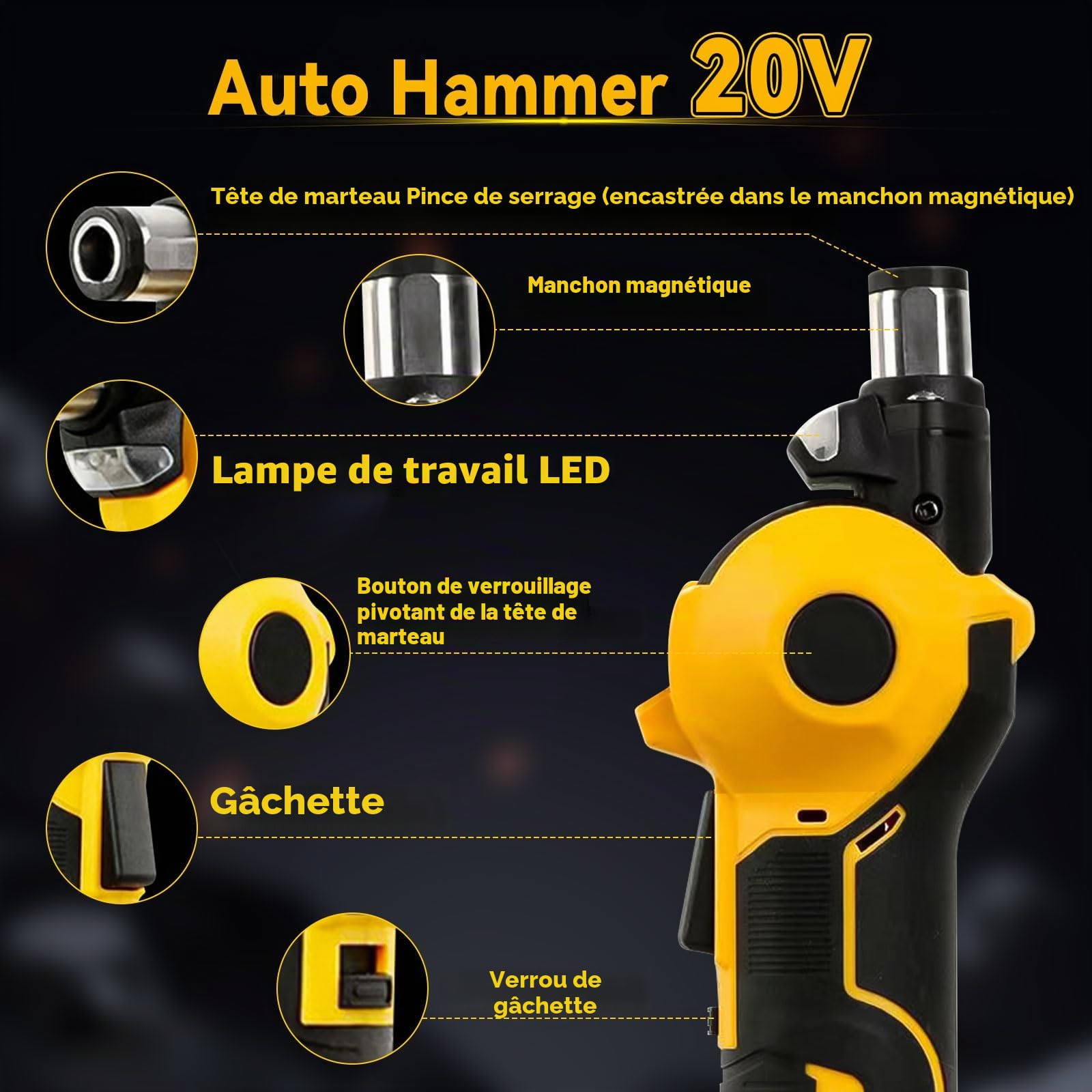 Marteau automatique Dewalt 20 V, marteau à clou électrique avec tête réglable, pince magnétique pour bois et métaux mous