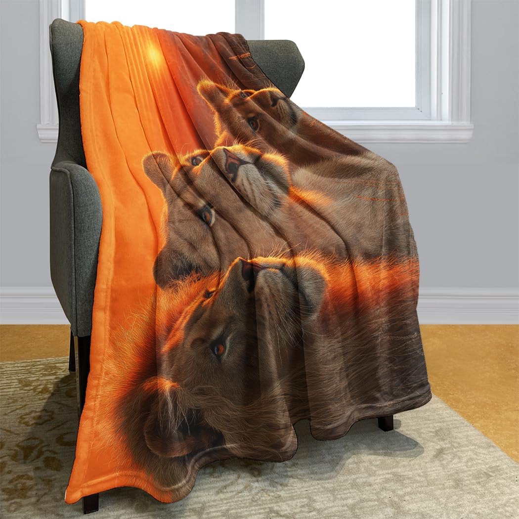 60"x80" Sunset Lion Family Blanket, Soft Cozy Fleece for Couch Sofa Bed