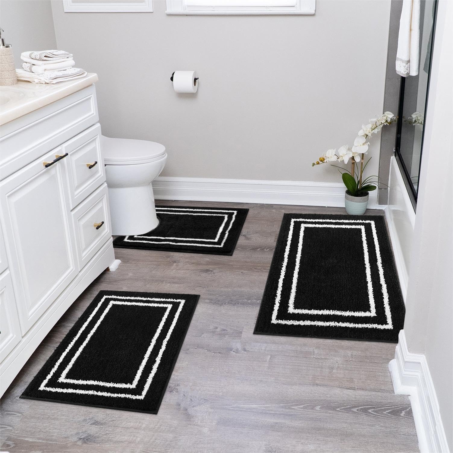 Uphome Bathroom Rugs Sets 3 Piece, Modern Black and White Bathroom Mat Set Non Slip Machine Washable, Soft Absorbent Bath Mat Set with U Shaped Toliet