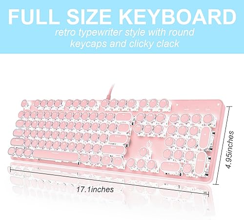 Miniatura 5 de Teclado mecánico para juegos estilo máquina de escribir con retroiluminación LED con interruptor azul retro redondo teclado de 104 teclas (teclado