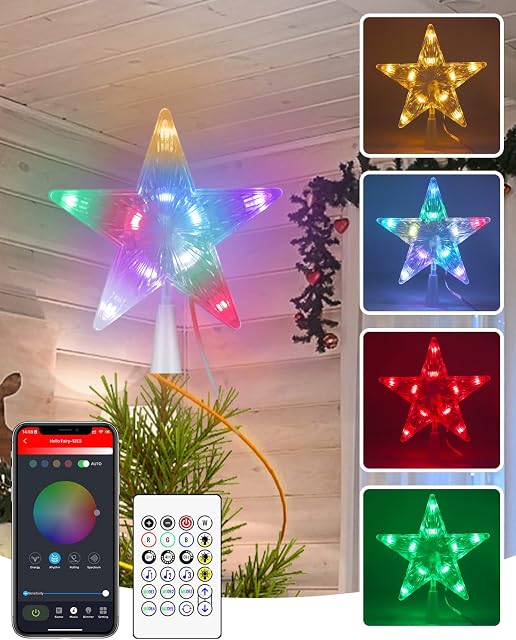 Christmas Tree Topper with Smart APP&Remote Control, 7" LED Multi-Colour Tree Topper Dimmable, Timer, DIY, Sync with Music, USB Plug in/Wire 5M/16.4FT Christmas Tree Star for Xmas Tree Decorations