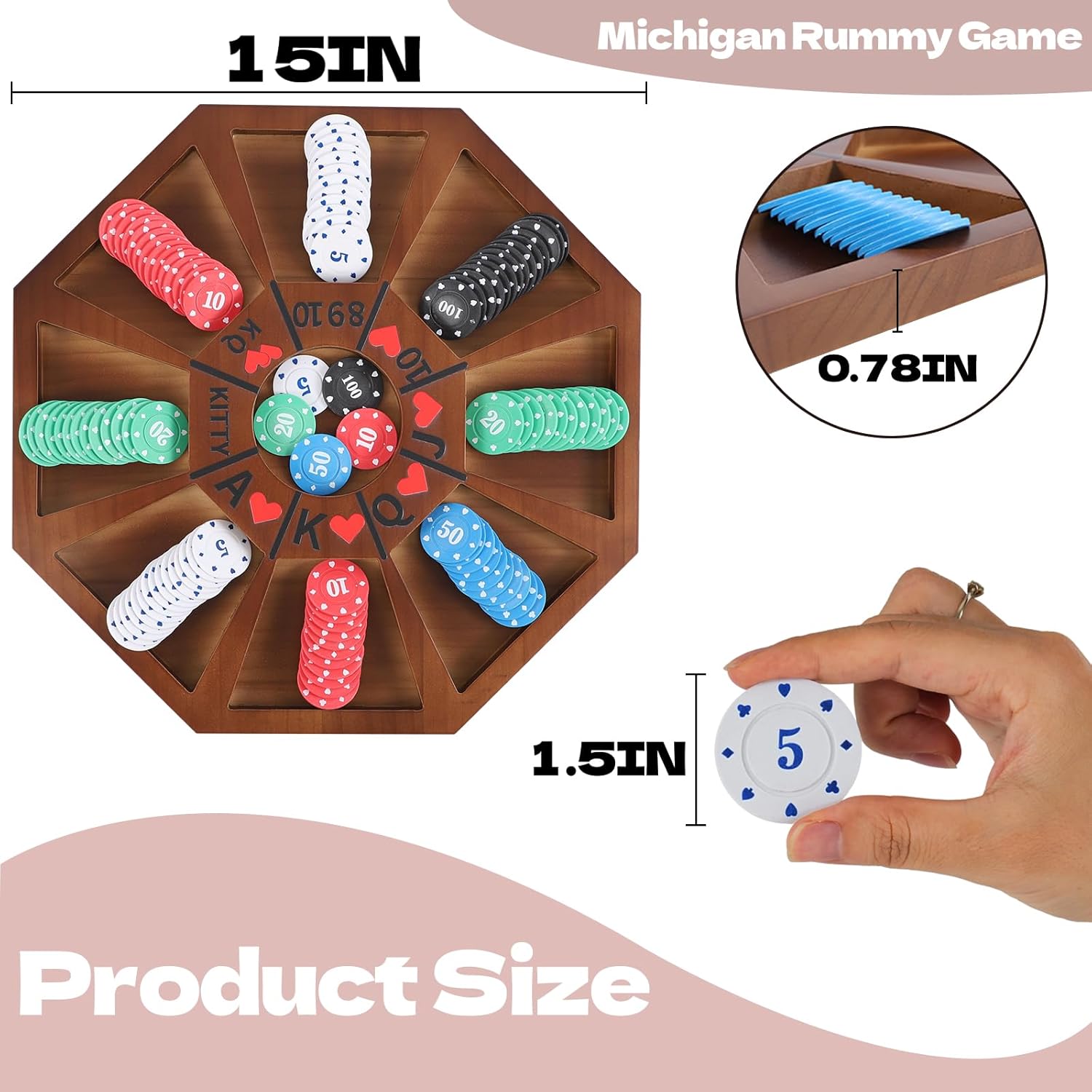 Jyquorp Michigan Rummy Board Game Deluxe Set Perfect Blend of A Royal Game of Hearts Rummy Poker Wooden Tripoley Game Betting Bluffing Classical Family Card for 100 Chips (Walnut -Medium)