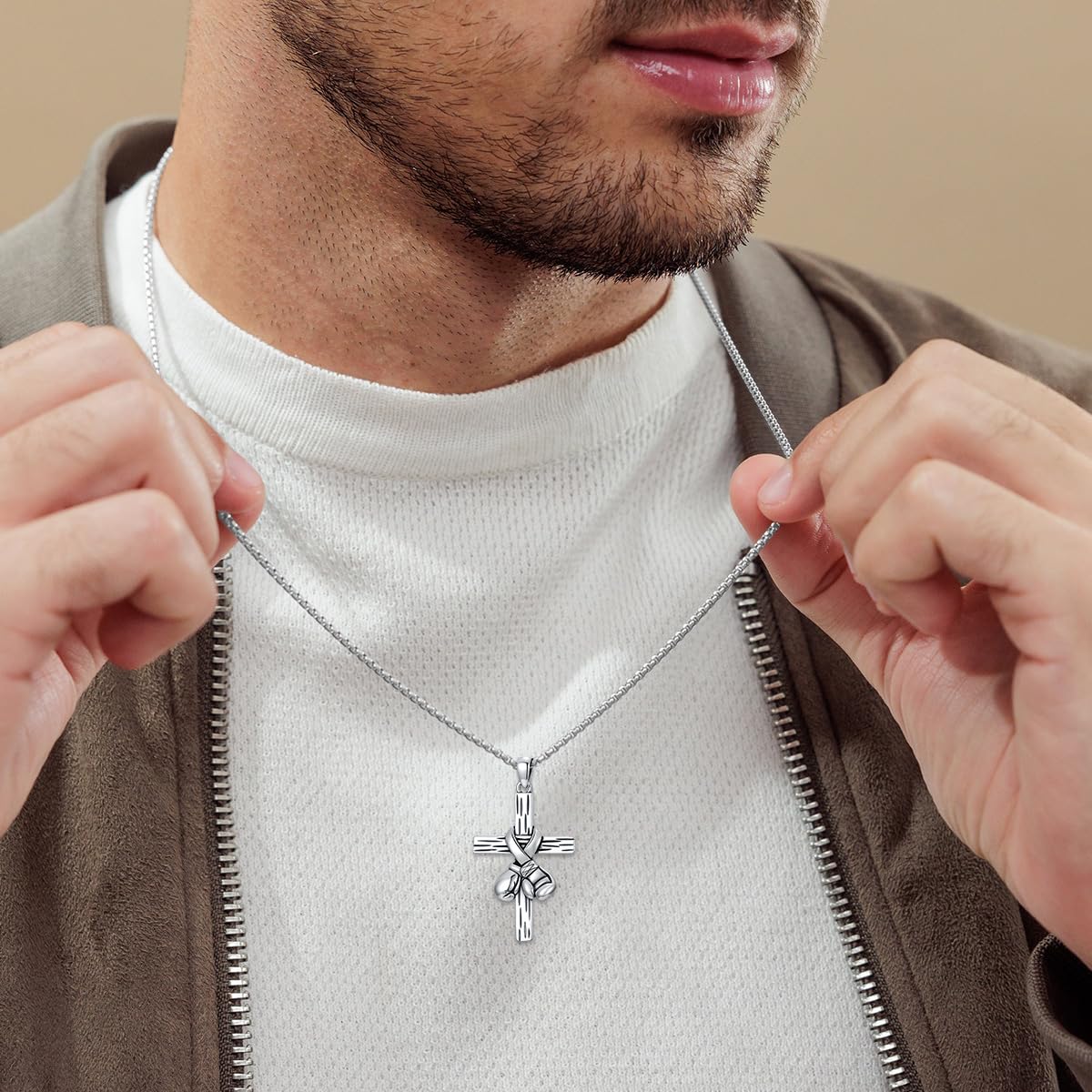Collana con ciondolo a forma di croce da boxe, in argento Sterling 925, a forma di guantoni da boxe, stile punk, con catena in acciaio inox da 55,9 cm + 5,1 cm