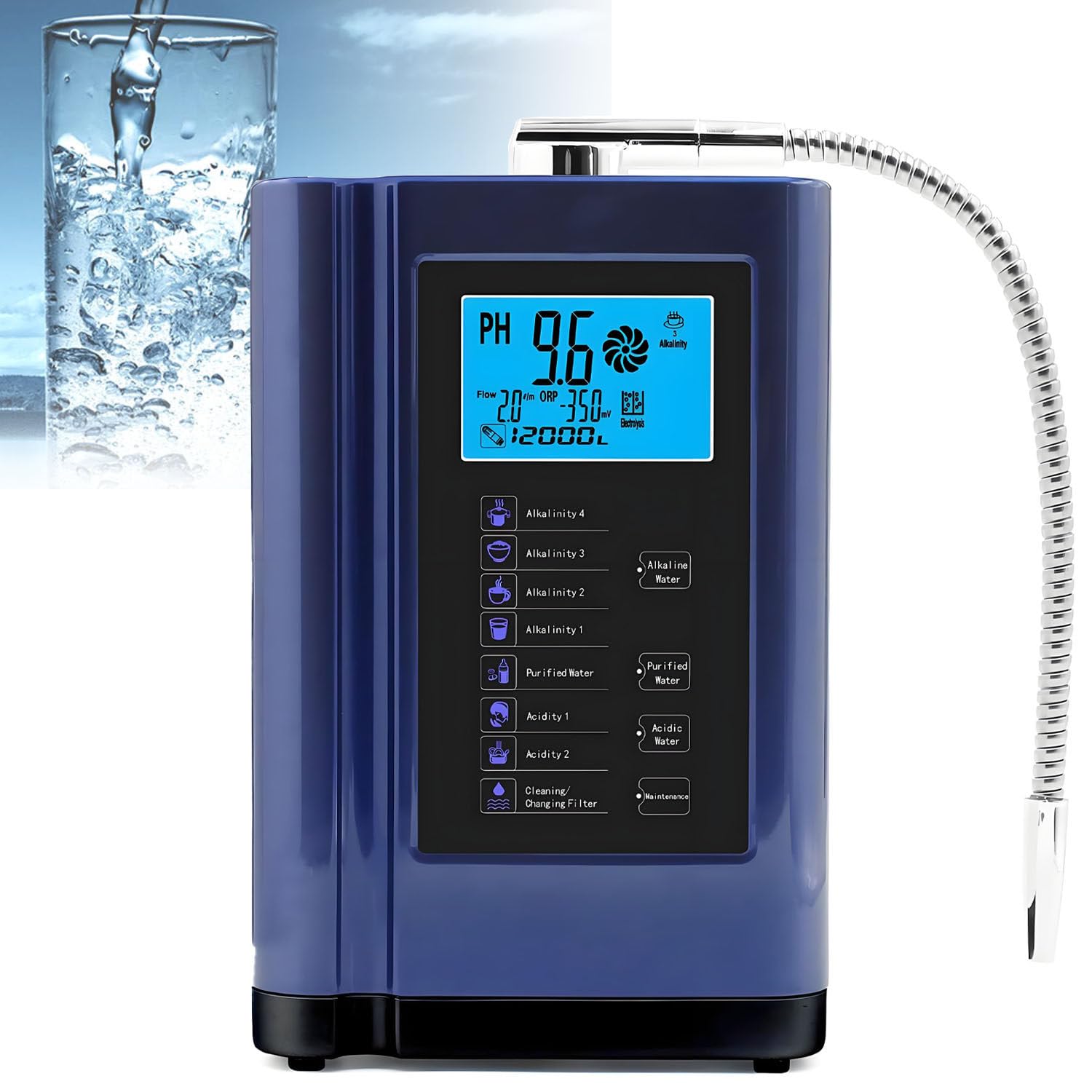 Alkaliczny jonizator wody,pH 3,5–10,5,domowy filtr wody alkalicznej,ORP do -500 mV, urządzenie do oczyszczania wody, z 7 ustawieniami wody,8000 litrów na filtr,automatyczne czyszczenie Blue