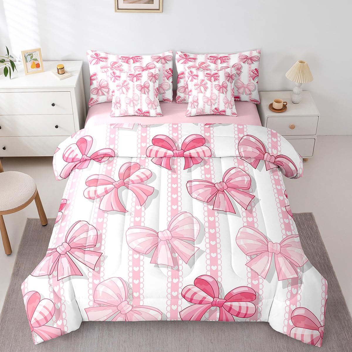 Erosebridal Pink Kawaii Bowknot Queen Comforter Set 7 Piece Cute Cartoon Bow Bedding Set for Kids Girls Teen Women,Dreamy Princess Butterfly Knot Bed in A Bag Watercolor Lace Bow Bed Set