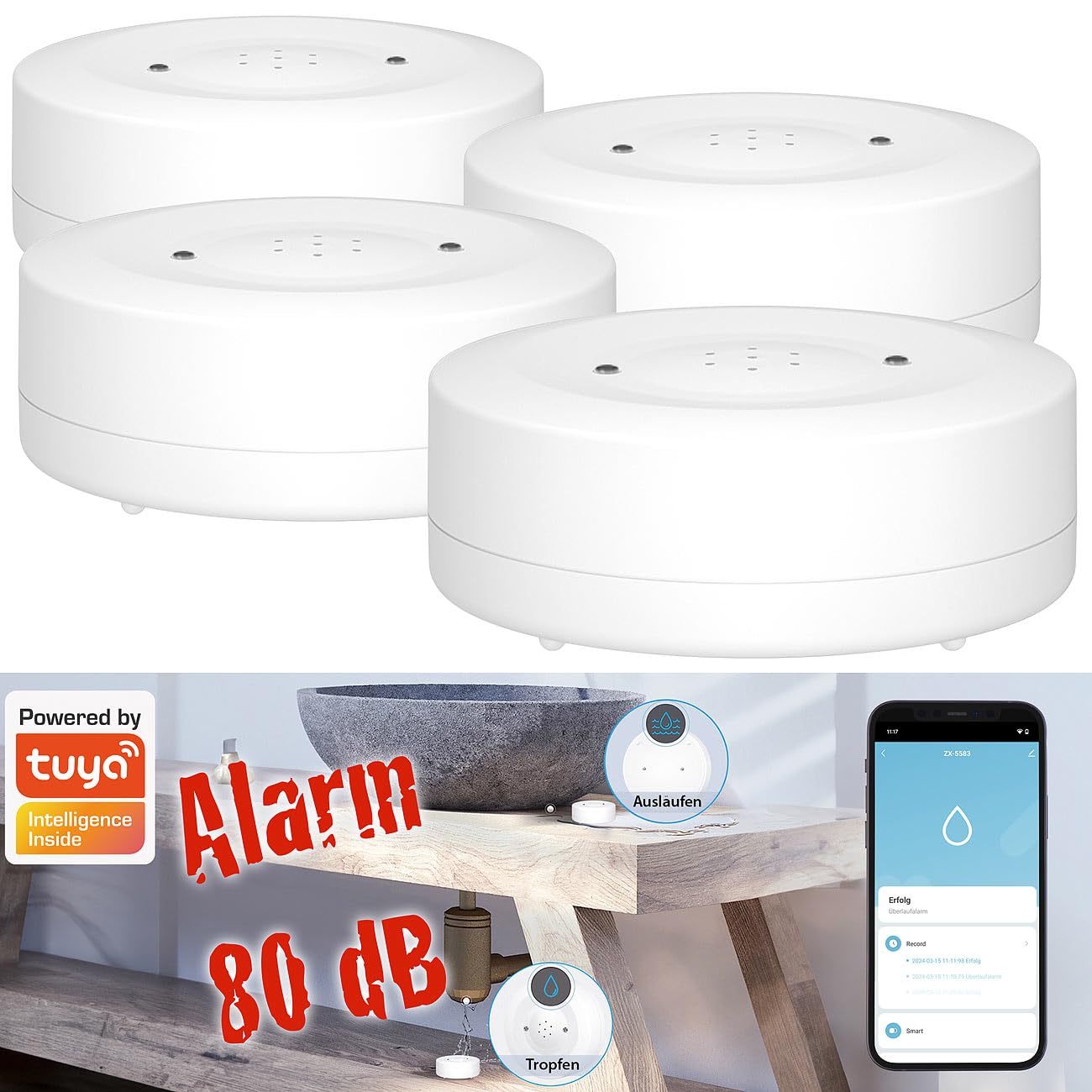 Luminea Home Control sensore livello dell'acqua: Rilevatore di acqua WLAN, Suono di allarme a 80 dB, Wi-Fi (rilevatore acqua smart, d'acqua da pavimento Wi-Fi, ipad)