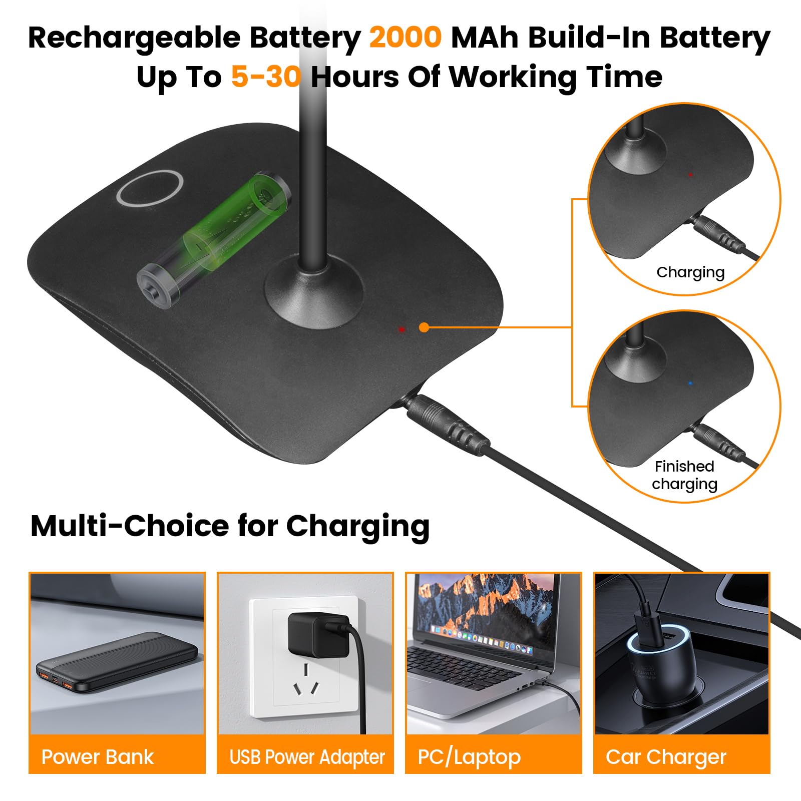 Lámparas de escritorio LED recargables, 3 modos de color, atenuación de control táctil, portátil, batería de 2000 mAh, paquete de 2 (negro)
