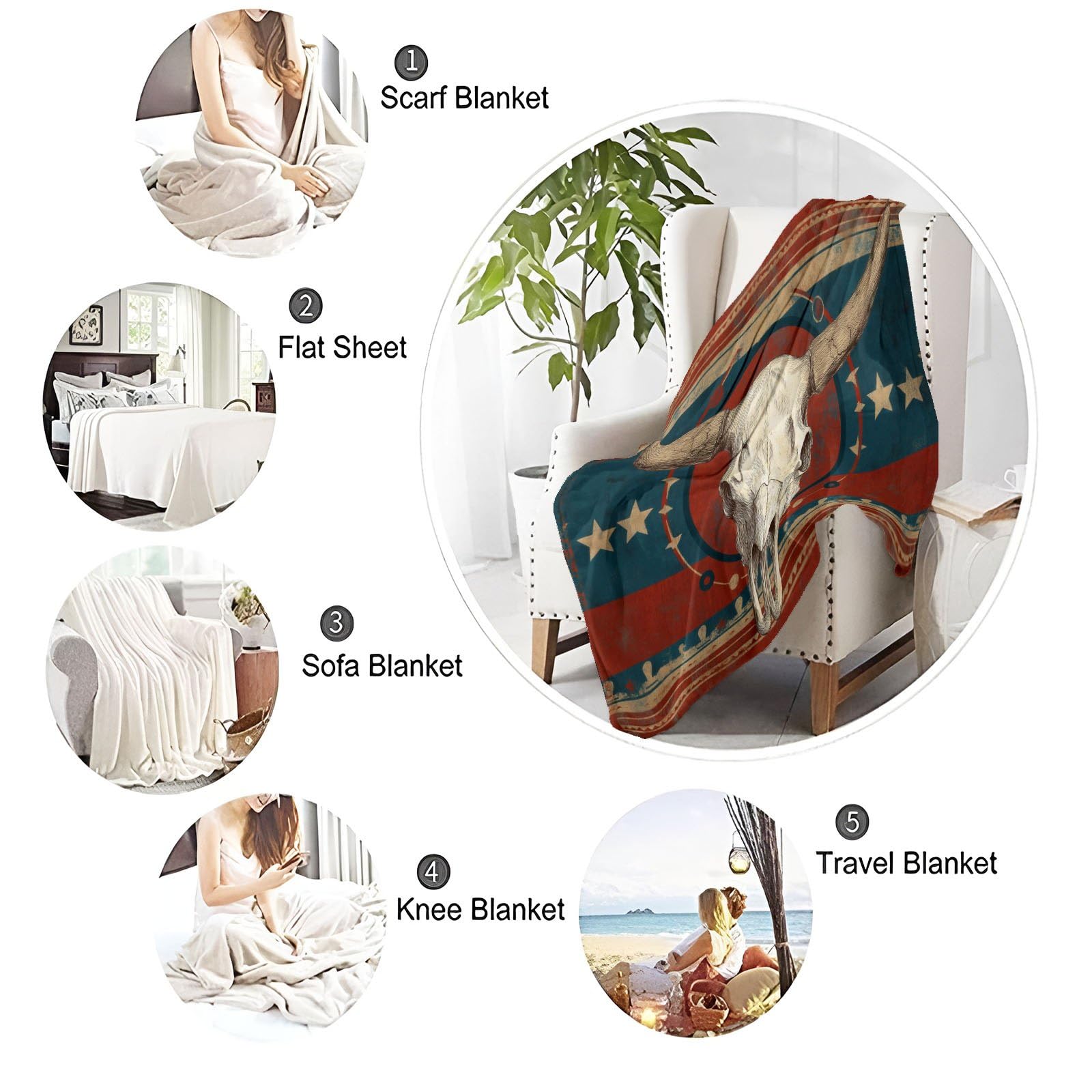Vintage Verwittert Kuscheldecke Kuh-Schädel Sterne Streifen Decke Tagesdecke Wohndecke Rot, Couchdecke Weich Warm Flauschig, Sofa Decke für Reisen Zelten Outdoor, 150 x 200 cm