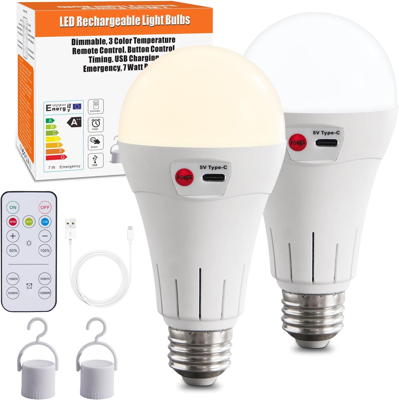 Cordless Rechargeable Battery Operated Light Bulbs with Remote, 2 Pack E26 Wireless LED Battery Powered Light Bulb for Non-Hardwired Lamps, 500LM, 3 Color Temperatures, Dimmable, Timer