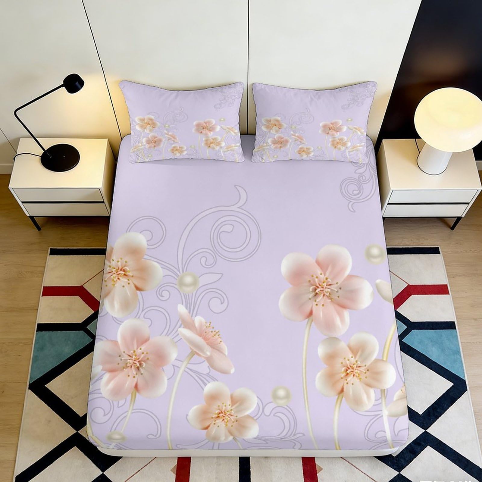 3D Printed Blossom Pastel Flower Fitted Sheet Microfiber Soft Lilac Floral Mattress Cover for Bedroom Guest Room 90x200x25cm