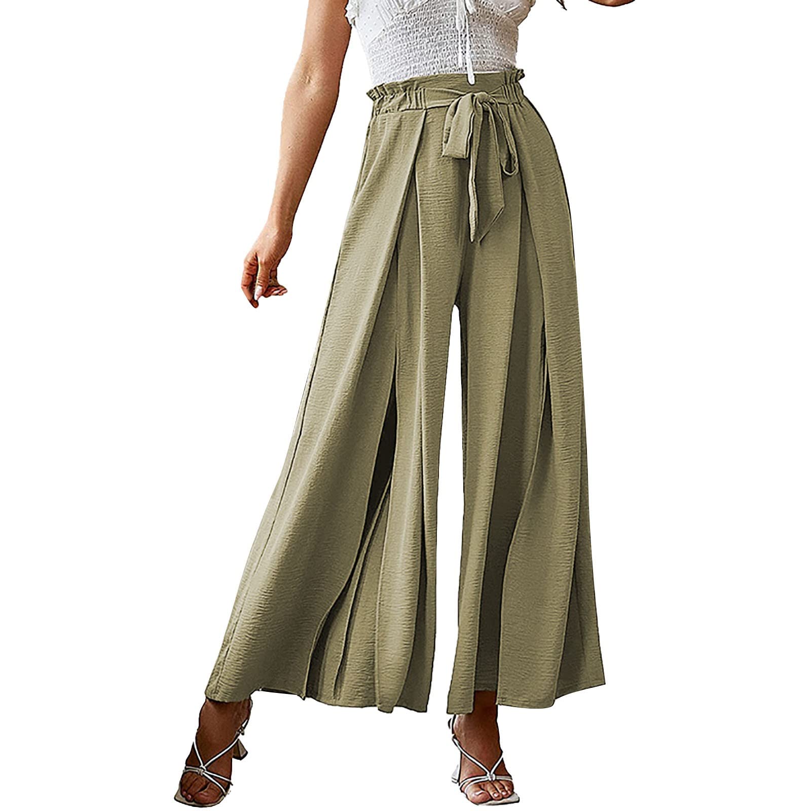 Womens Bow Split Wide Leg Trousers High Waisted Belted Flowy Pants Casual Business Work Trousers Green XXL