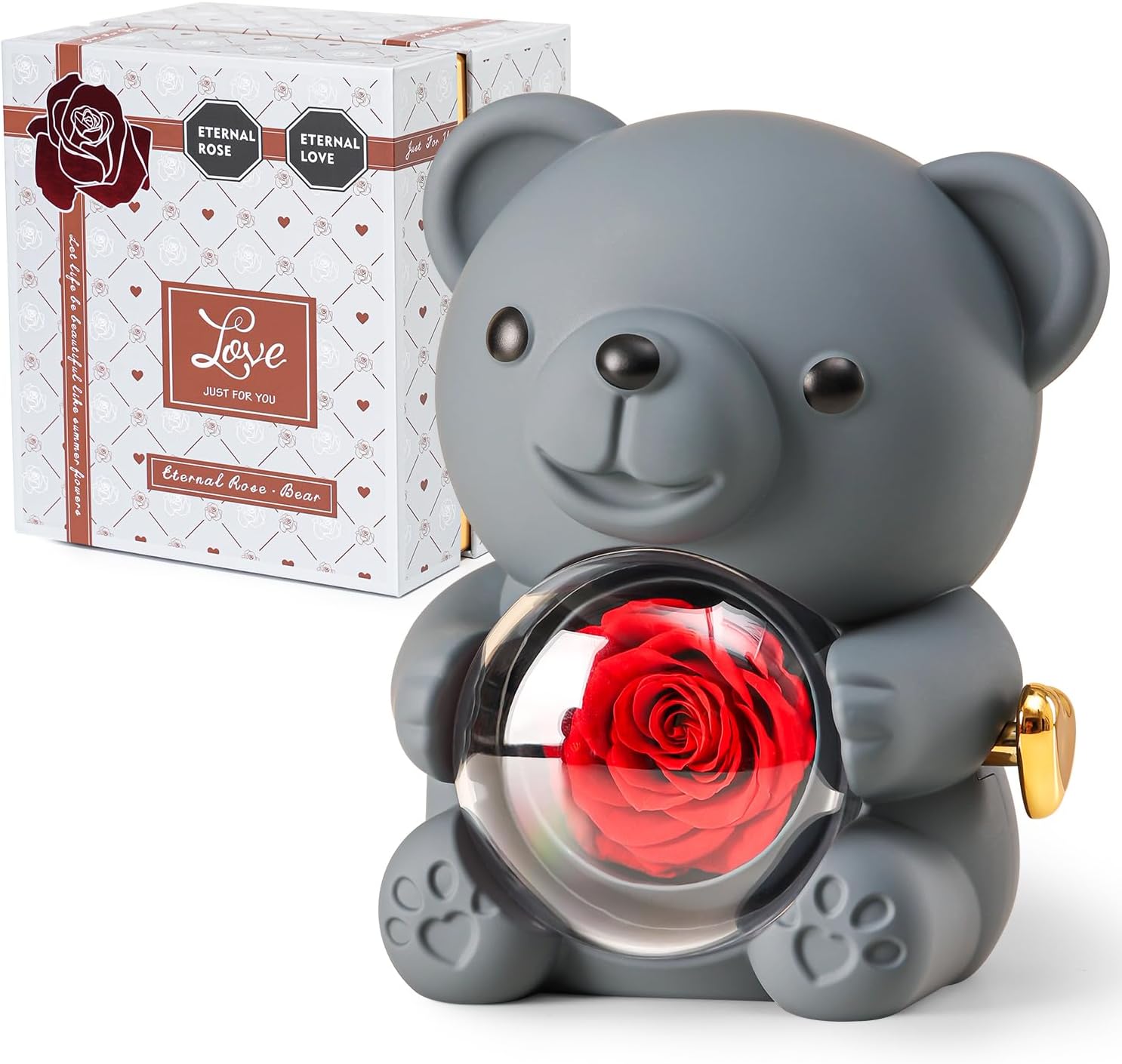 – Grey Teddy Bear with Preserved Rose, Real Rose Flower in Bear, Elegant Gift Box, Heart-Shaped Necklace, Unique Gift for Valentine's Day, Mother's Day, Wedding, Anniversary, Bridal Showers