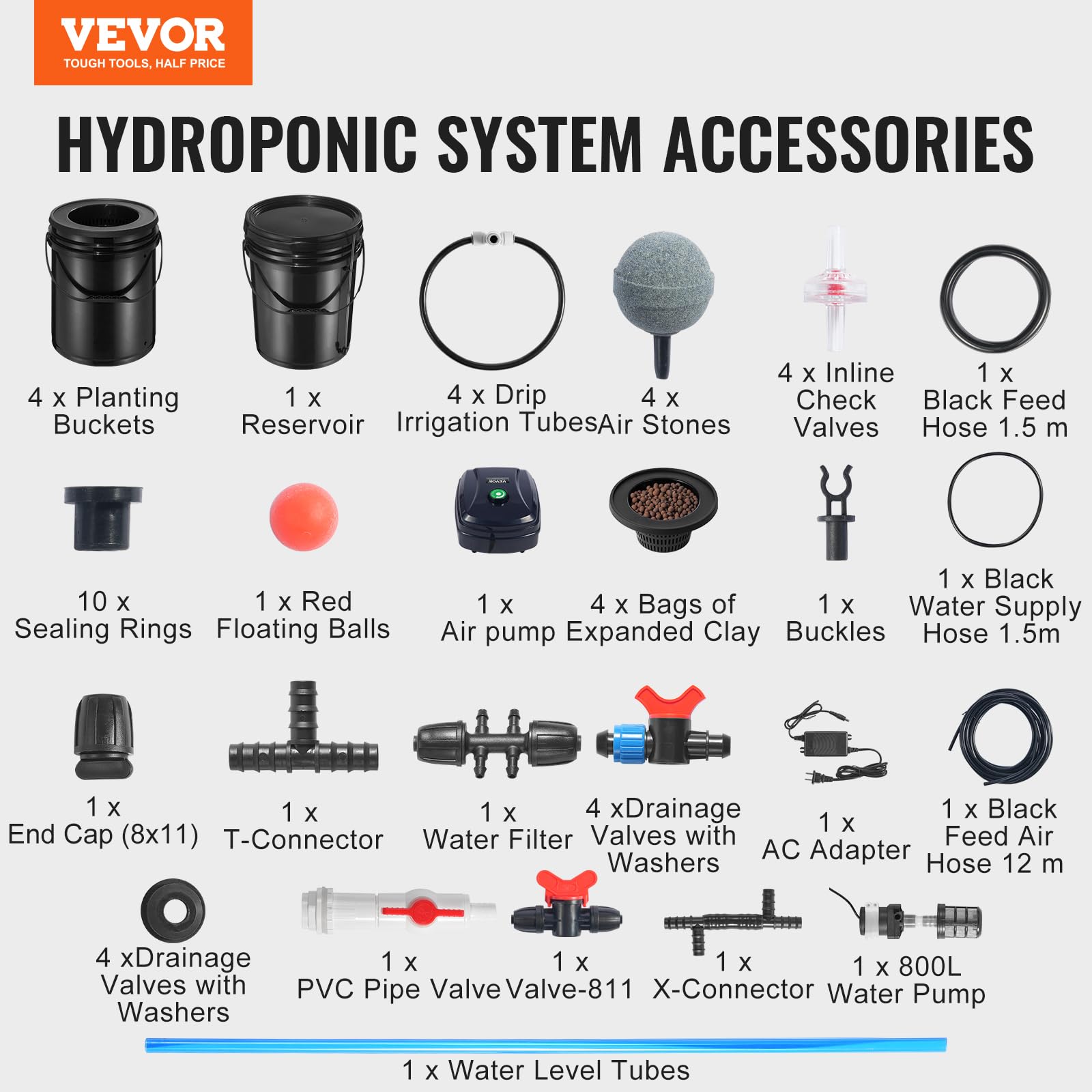 VEVOR Hydroponiczny system uprawy RDWC, górny zestaw do kroplówki, 20-litrowa hodowla głębokiej wody, z pompą powietrza, urządzenie poziomu wody, do warzyw liściastych