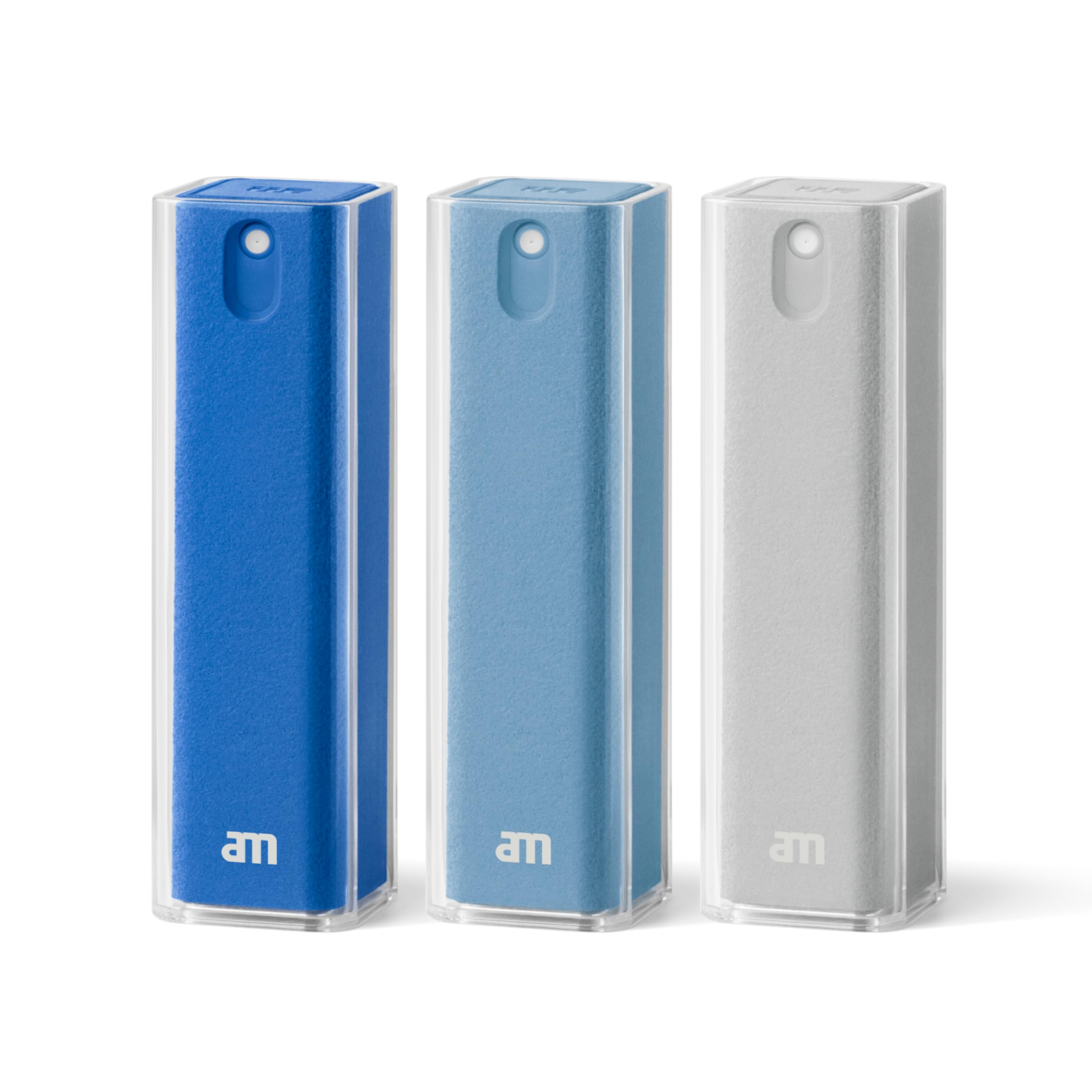 am Spray Pulizia Schermo 2 in 1 con Panno in Microfibra Integrato per Smartphone, Tablet, Laptop, Monitor PC, Smart TV e Display Auto, Ricaricabile (Blu, 3 Pack)