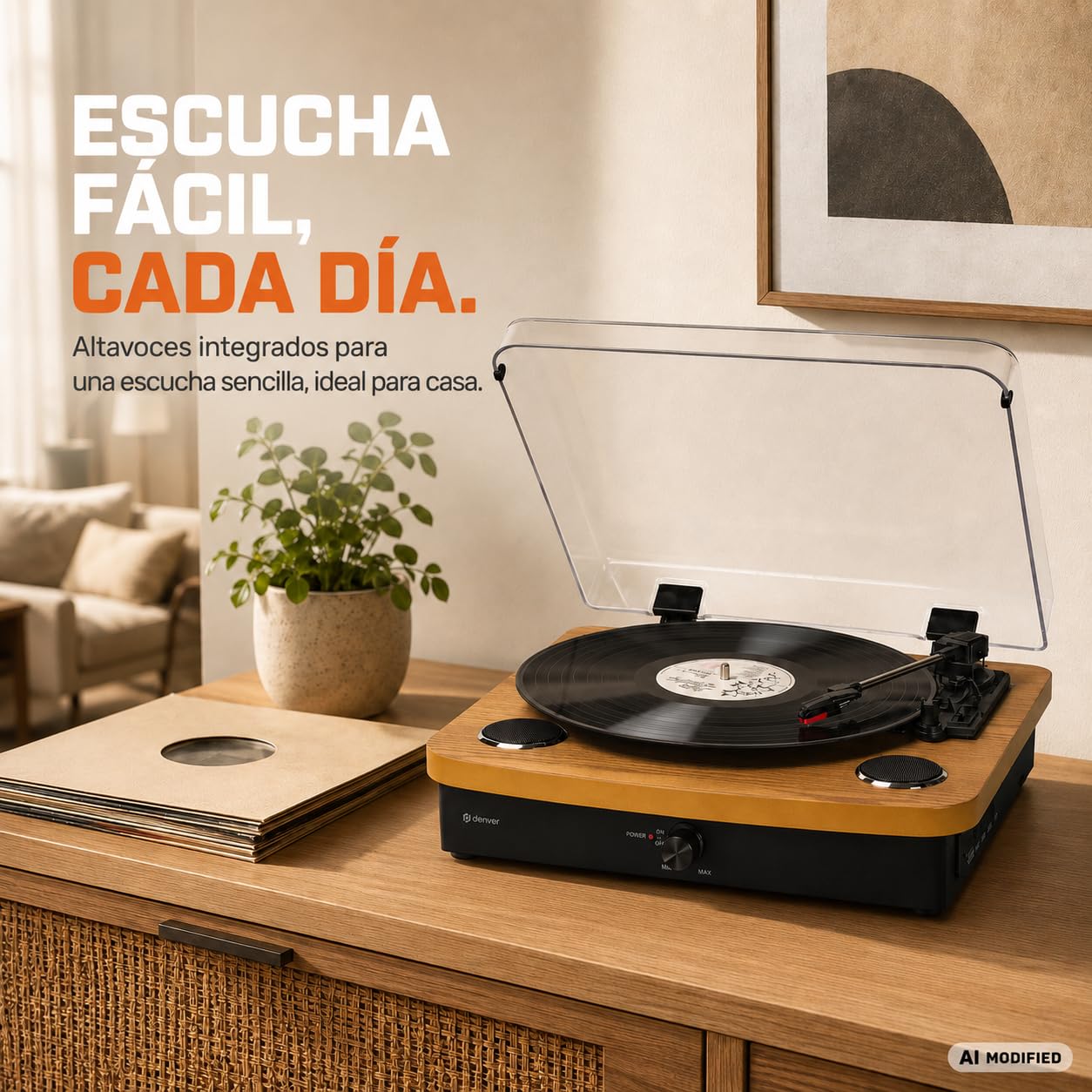 Denver VPL-230LW Tocadiscos Bluetooth, 3 velocidades 33/45/78 RPM, Altavoces Integrados, USB/SD MP3, Salida Phono, Madera Clara