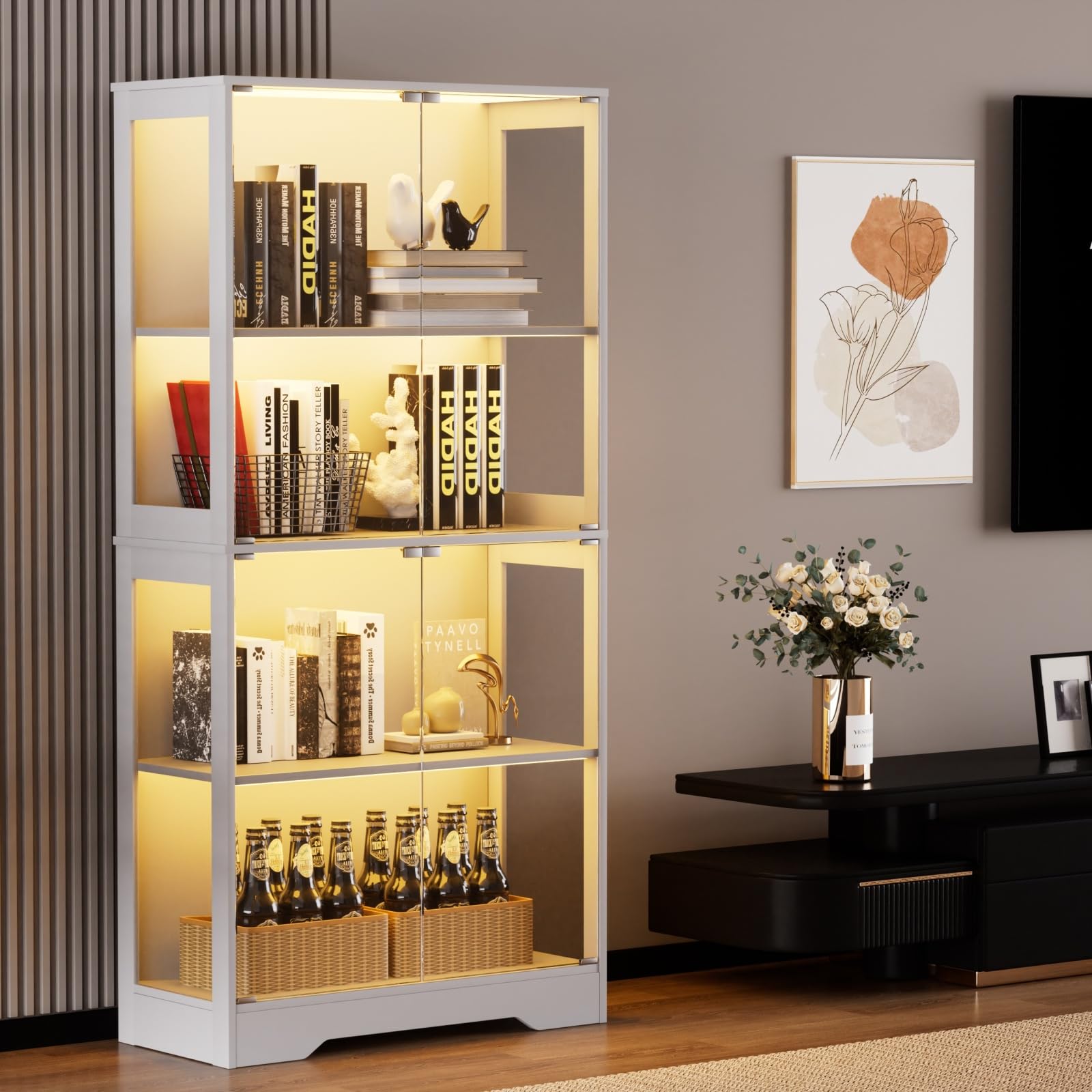 Vitrina de cristal con iluminación LED y sensor inteligente, vitrina de 4 capas, vitrina coleccionable para salón, dormitorio, oficina, blanco, 80 x 35 x 165 cm