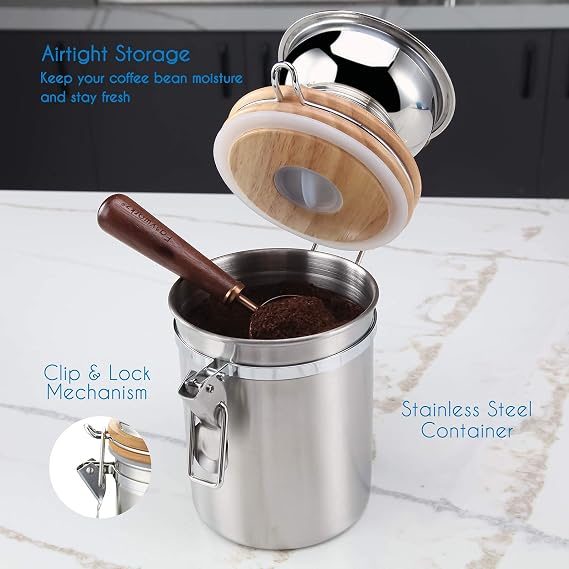 Easyworkz Manual Coffee Grinder Bundled With Retro Stainless Steel Coffee Scoop, Featuring Airtight Canister, Adjustable Setting Mill And Black Walnut Handle 10g -1 Tablespoon, Rose Gold