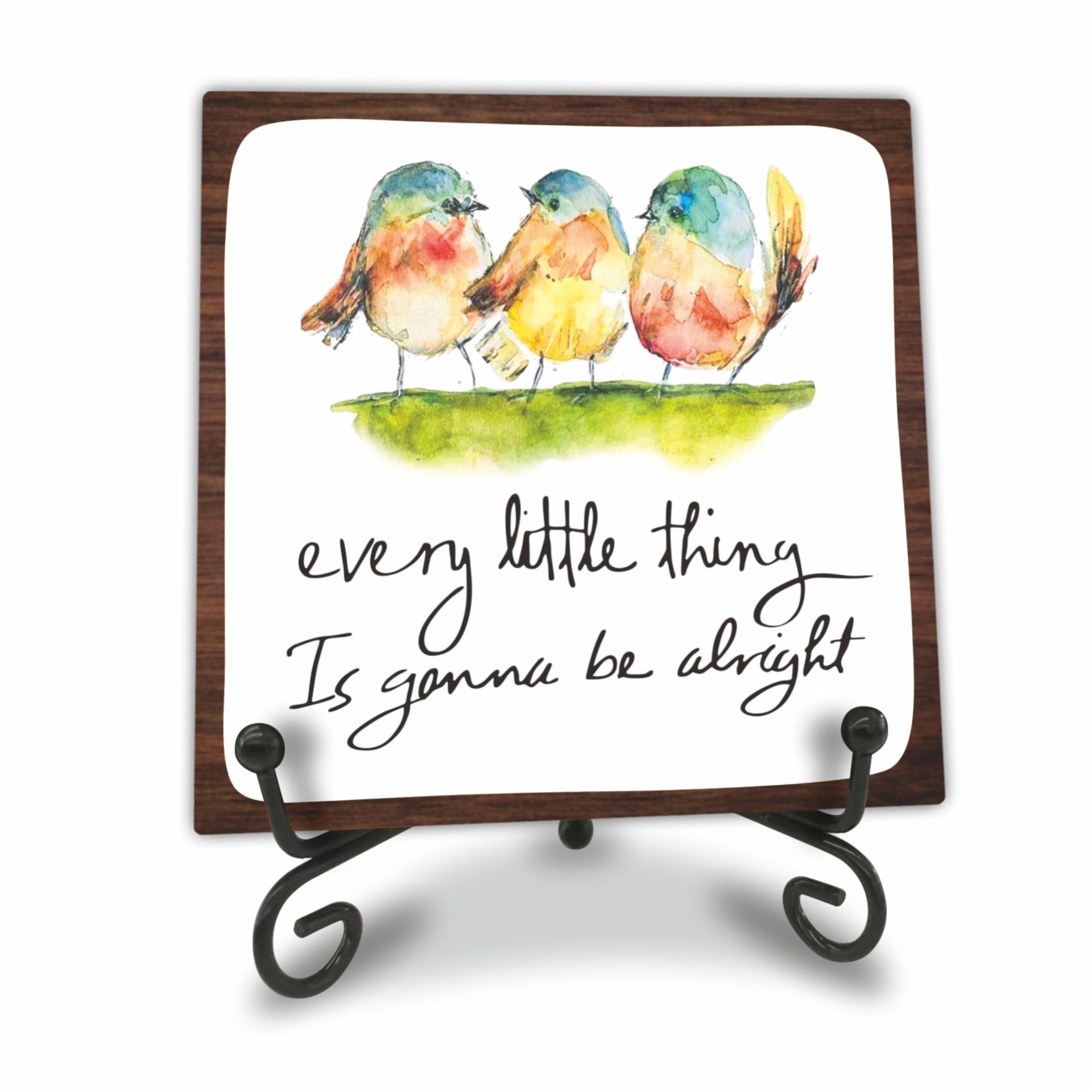 Letrero de madera de 4 pulgadas con un soporte de metal – Every Little Thing Is Gonna Be Alright – Acuarela adorables pájaros, cita positiva, placa de madera para decoración de escritorio, regalos
