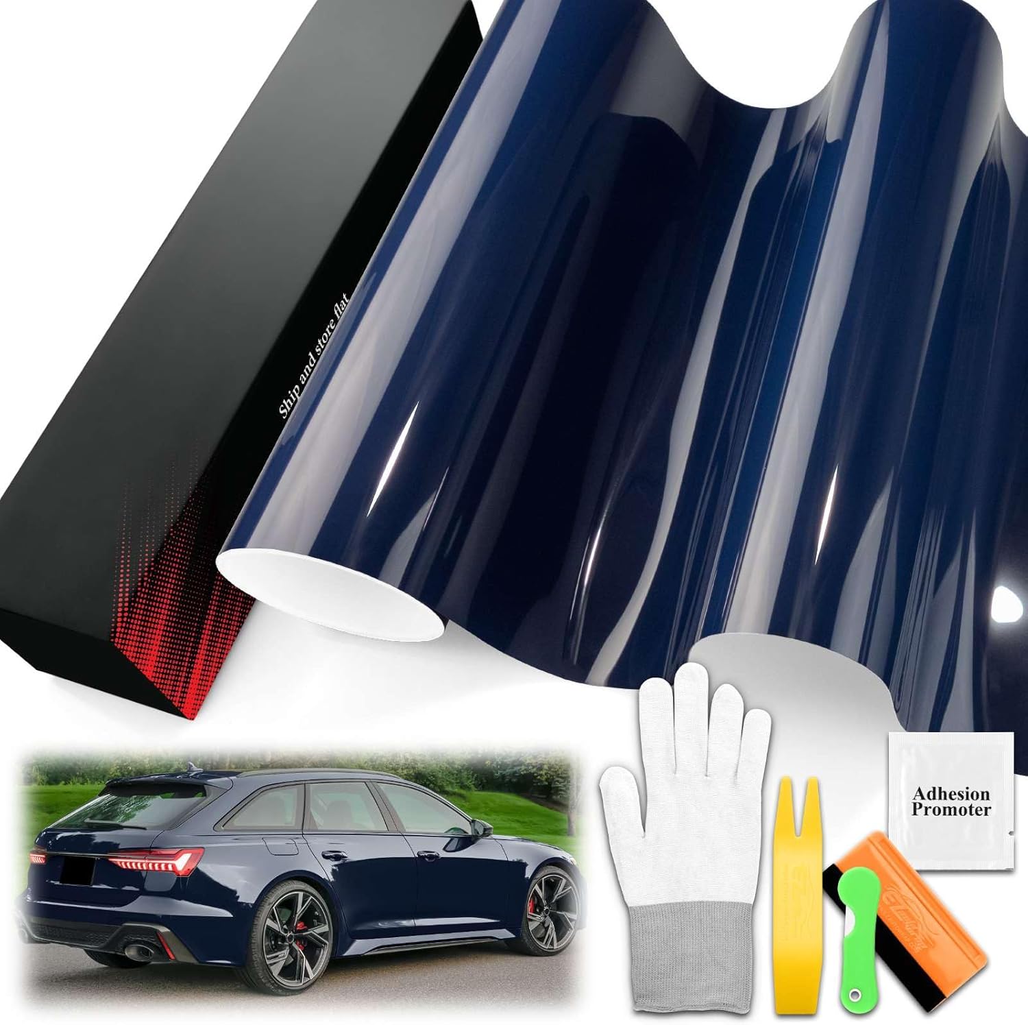 3FTx5FT PET Super Gloss Midnight Blue High Glossy Vinyl Wrap Auto Car Sticker Decal Film Sheet Bubble Free Air Release Technology with Tool Set