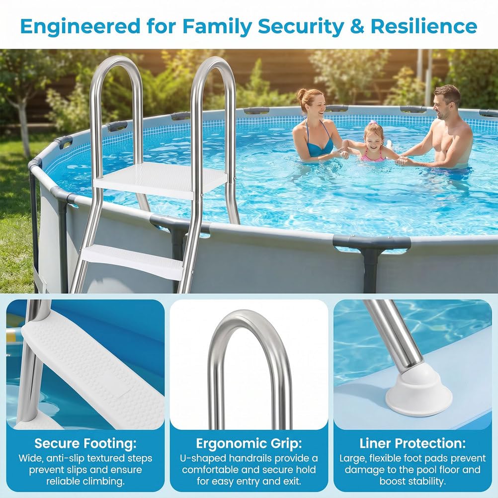 Scala per Piscina Fuori Terra 142 cm 4 gradini, Struttura in Acciaio Inossidabile 304, Scala per Ingresso e Uscita dalla Piscina, gradini in Metallo Antiscivolo a Forma di A, argentati