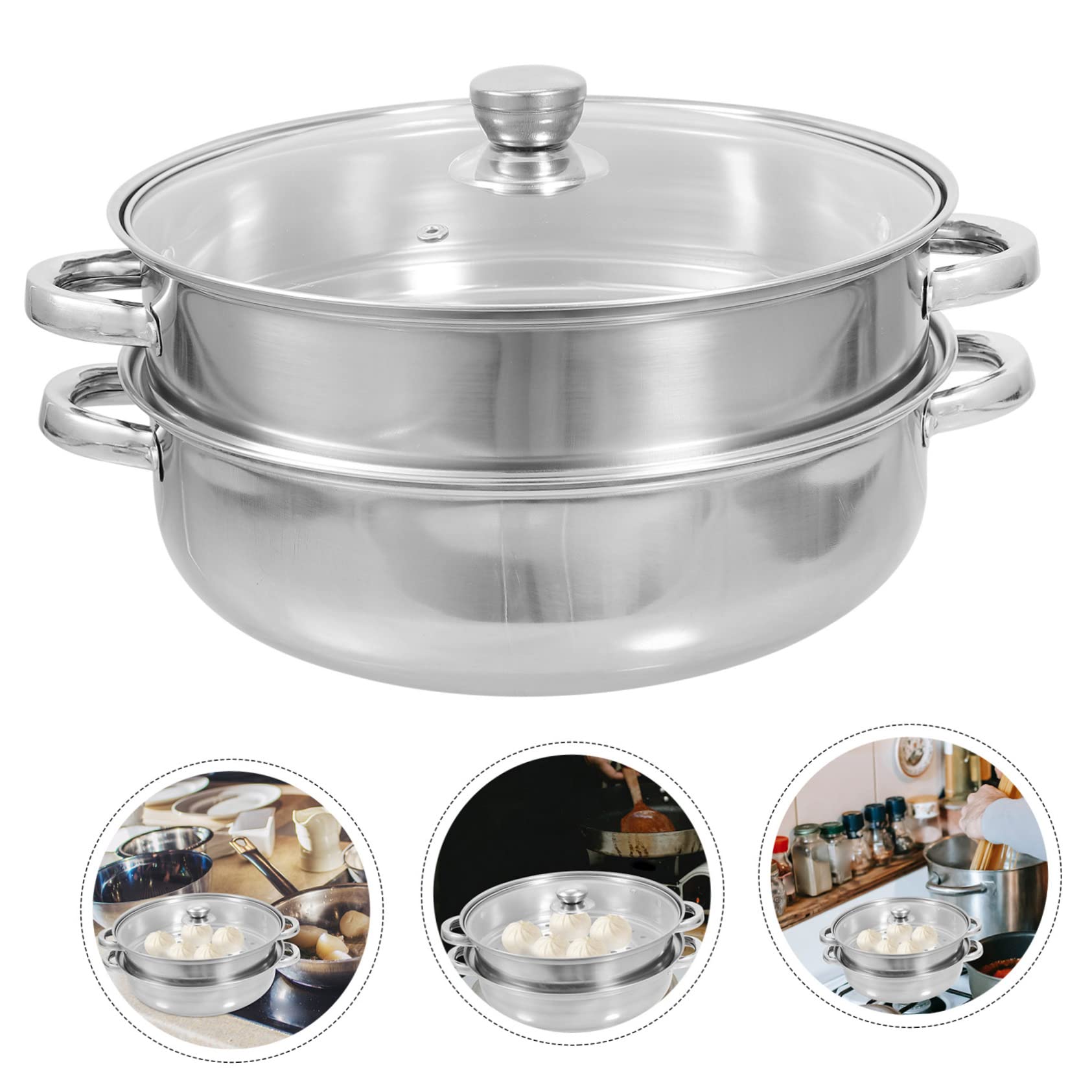 Dampfgarer mit Deckel aus Edelstahl und Glas, Silber, 1 Satz