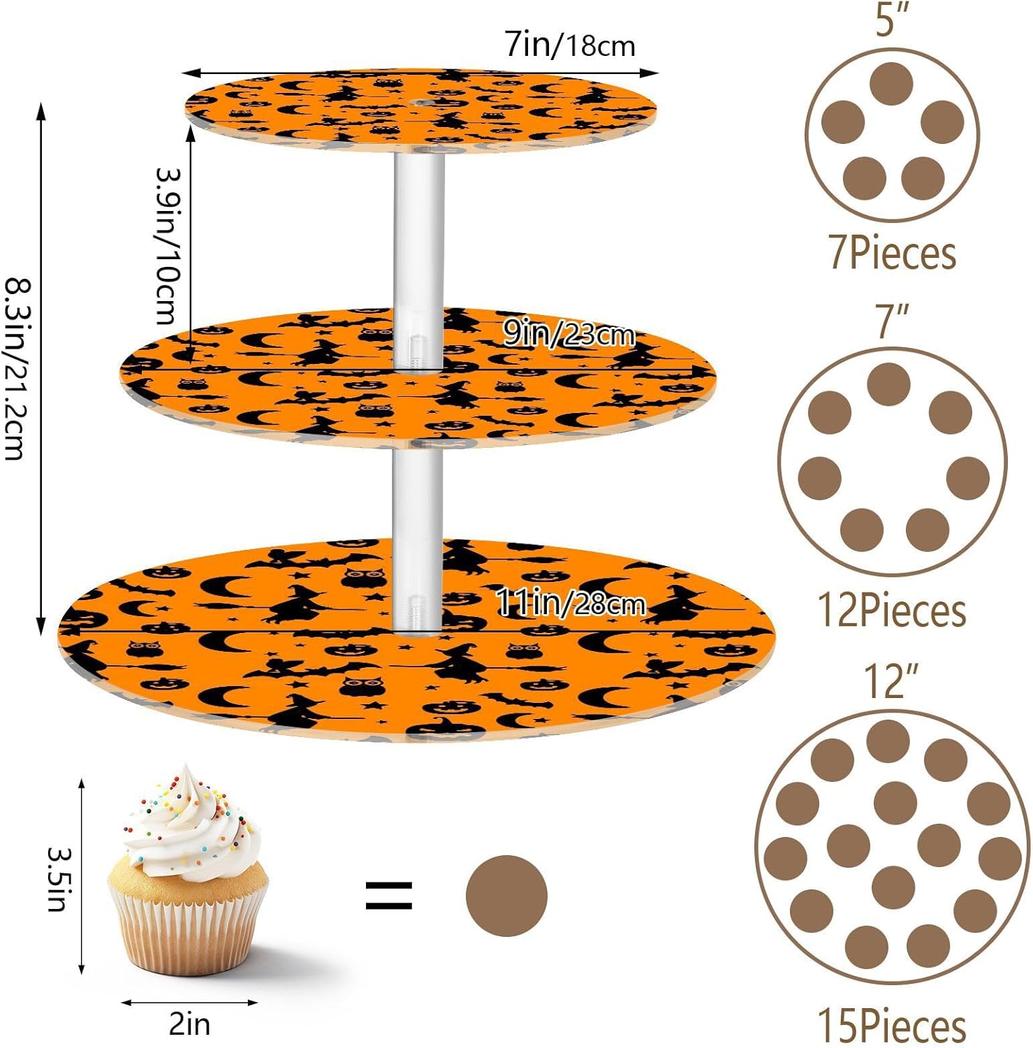 Bats Pumpkin Moon Star Witch Owl Halloween 3 Tier Acrylic Cupcake Stand, Cupcake Stand for 34 Cupcakes for Weddings,Christmas,Holidays,Parties,Birthday,Printed Cupcake Tower 23300324