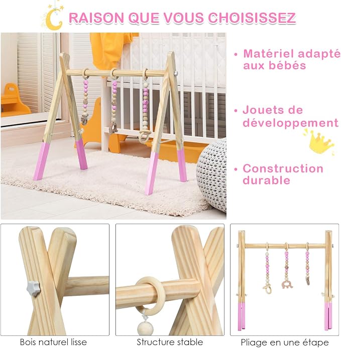 Costway Portique D Eveil Arche De Jeux Pour Bebe En Bois Avec Jouets Centre D Activite Pliable Cadeau De Naissance 4 Couleurs Nature Vert Gris Rose Rose Amazon Fr Jeux Et Jouets