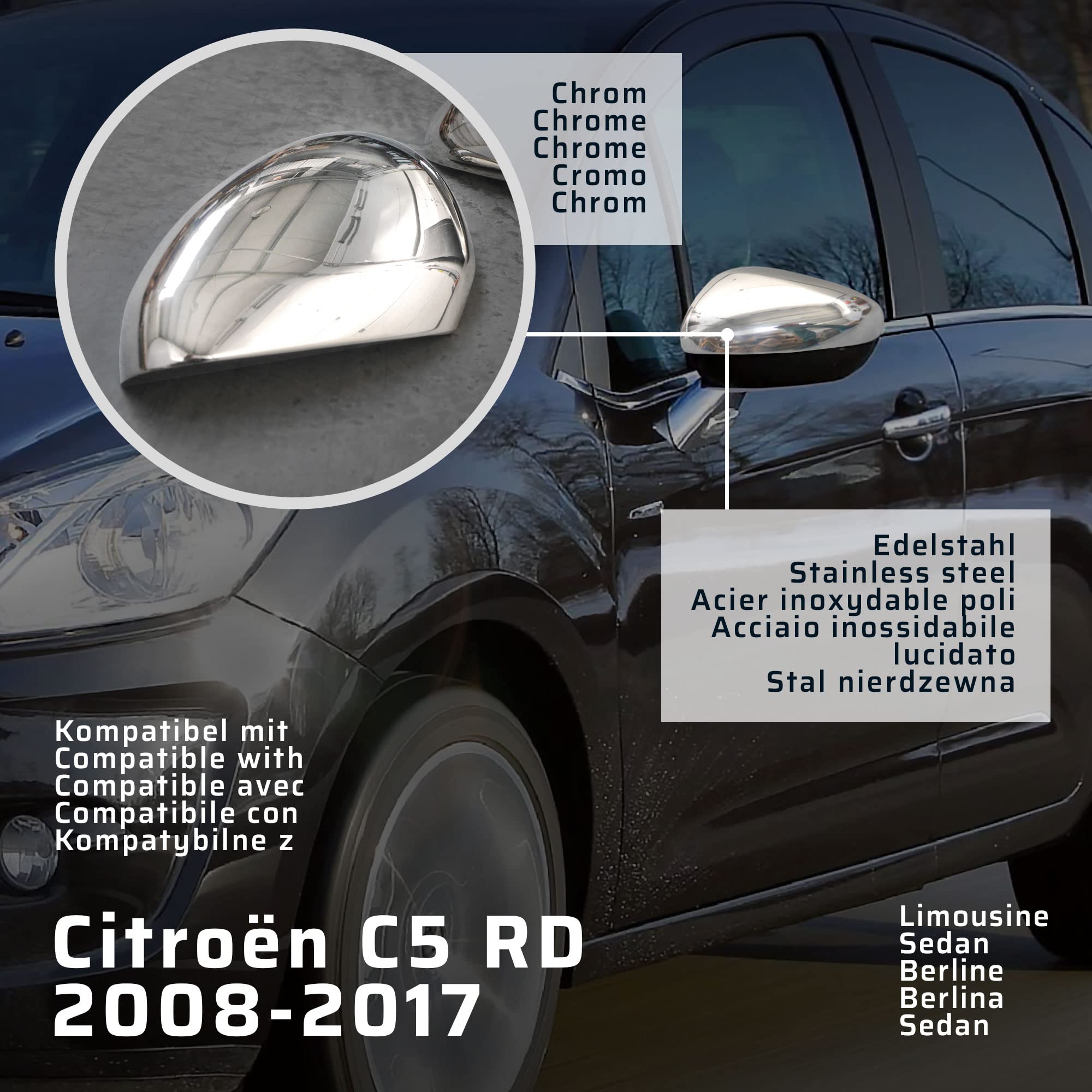 CHROMEMASTER | Nakładki na Lusterka Zewnętrzne | Kompatybilne z Citroën C5 RD Sedan 2008-2017 | Stal nierdzewna; Osłony Lusterek to Niepowtarzalny Wygląd Auta i Ochrona Przed Uszkodzeniem