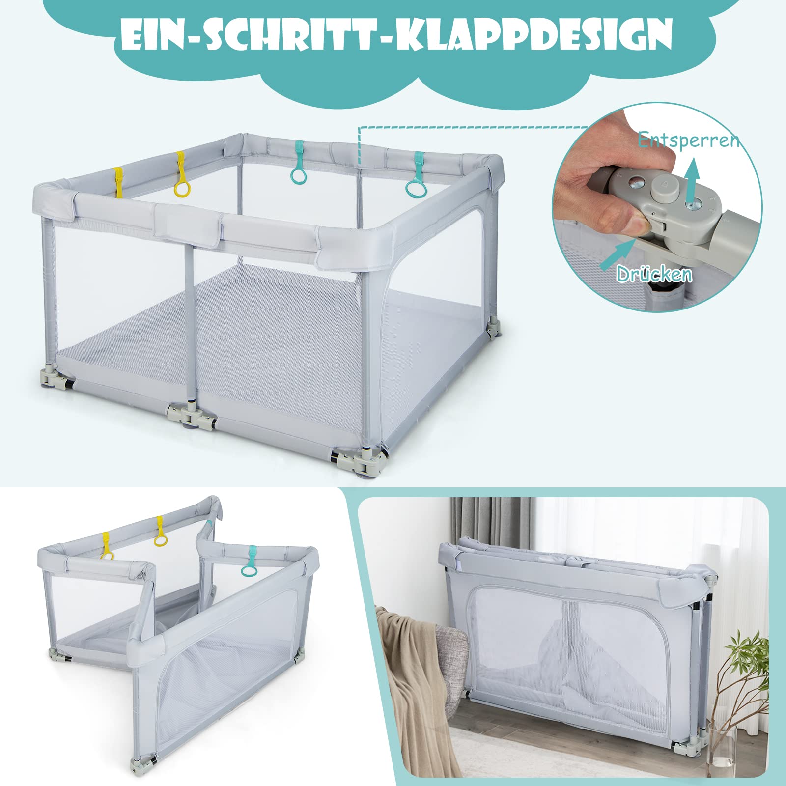 DREAMADE Laufstall Baby, 126 x 126 cm Laufgitter Klappbar mit 50 Spielbällen & 4 Zugringen, Schutzgitter mit Atmungsaktivem Netz & Reißverschluss (Hellgrau)