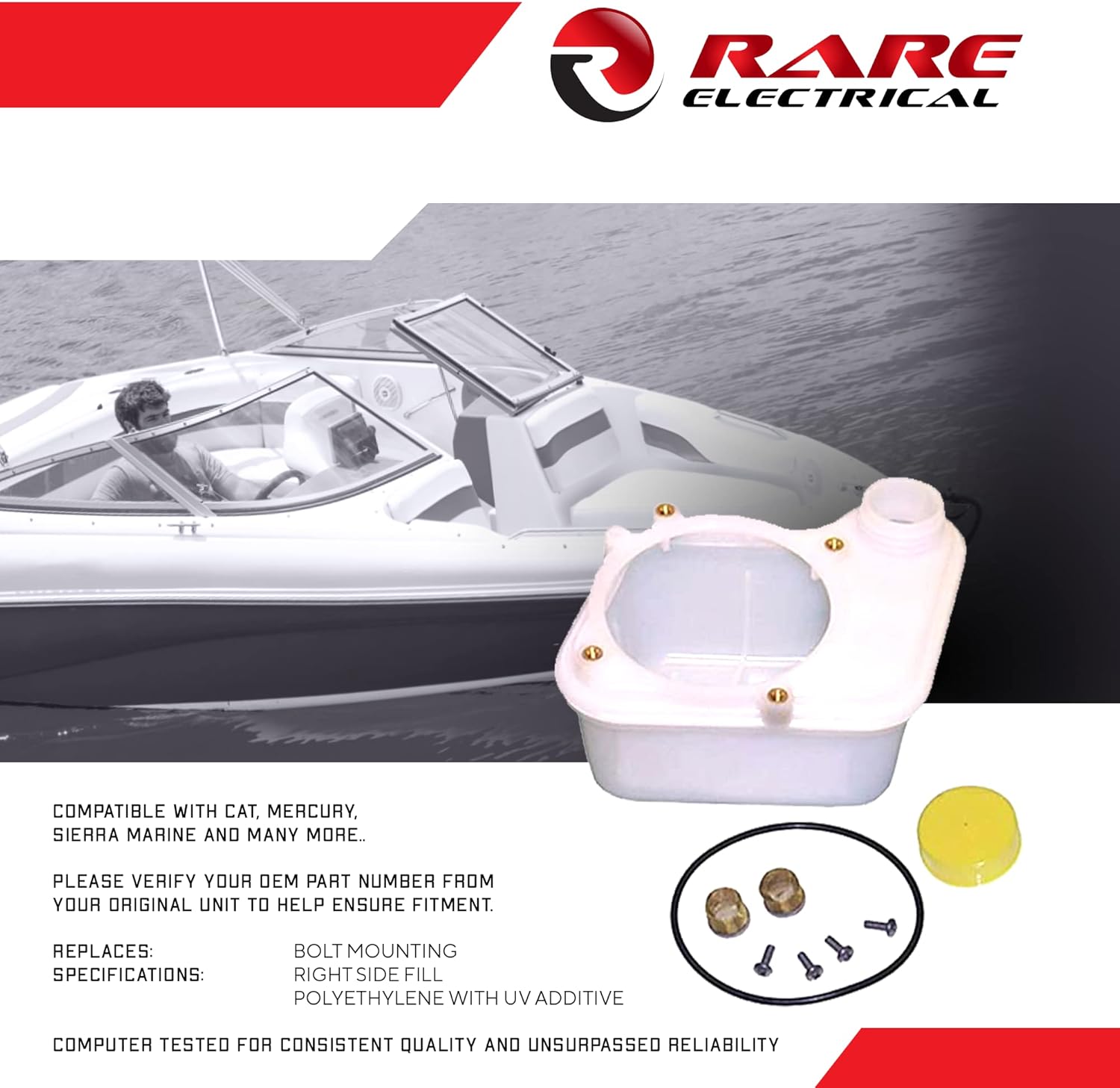 RAREELECTRICAL Tilt Trim Reservoir Mercury 88316A1 883166A2 For Mercruiser Alpha Bravo R-Drive Mr-Drive Oildyne Rsv02 Sierra 18-6778 Right Fill 4 Bolt Polyethylene Uv Marine Outboard Includes Screws