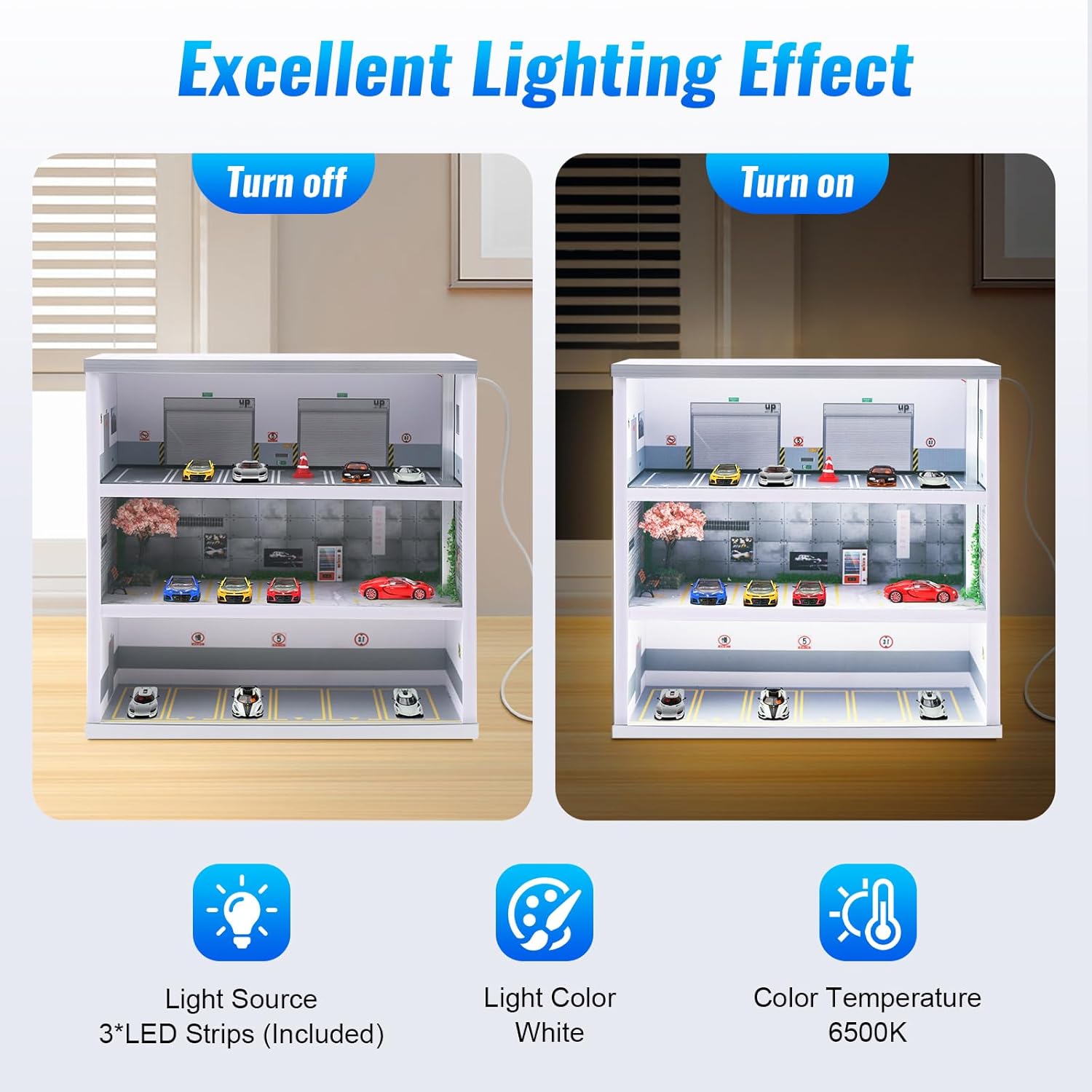 1/64 Diorama Display Case with LED Lights, 3-Tiers Hot Wheels Display Case, Realistic Garage Parking Lot Car Model Display Box for Hot Wheels Matchbox Mini GT Die-cast