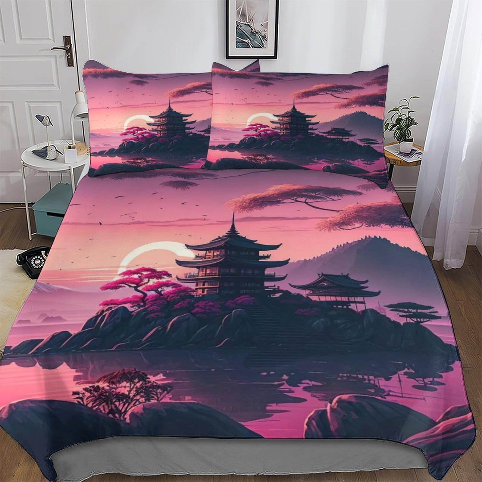 Housse de couette temple japonais 220x240 cm avec taies d'oreiller