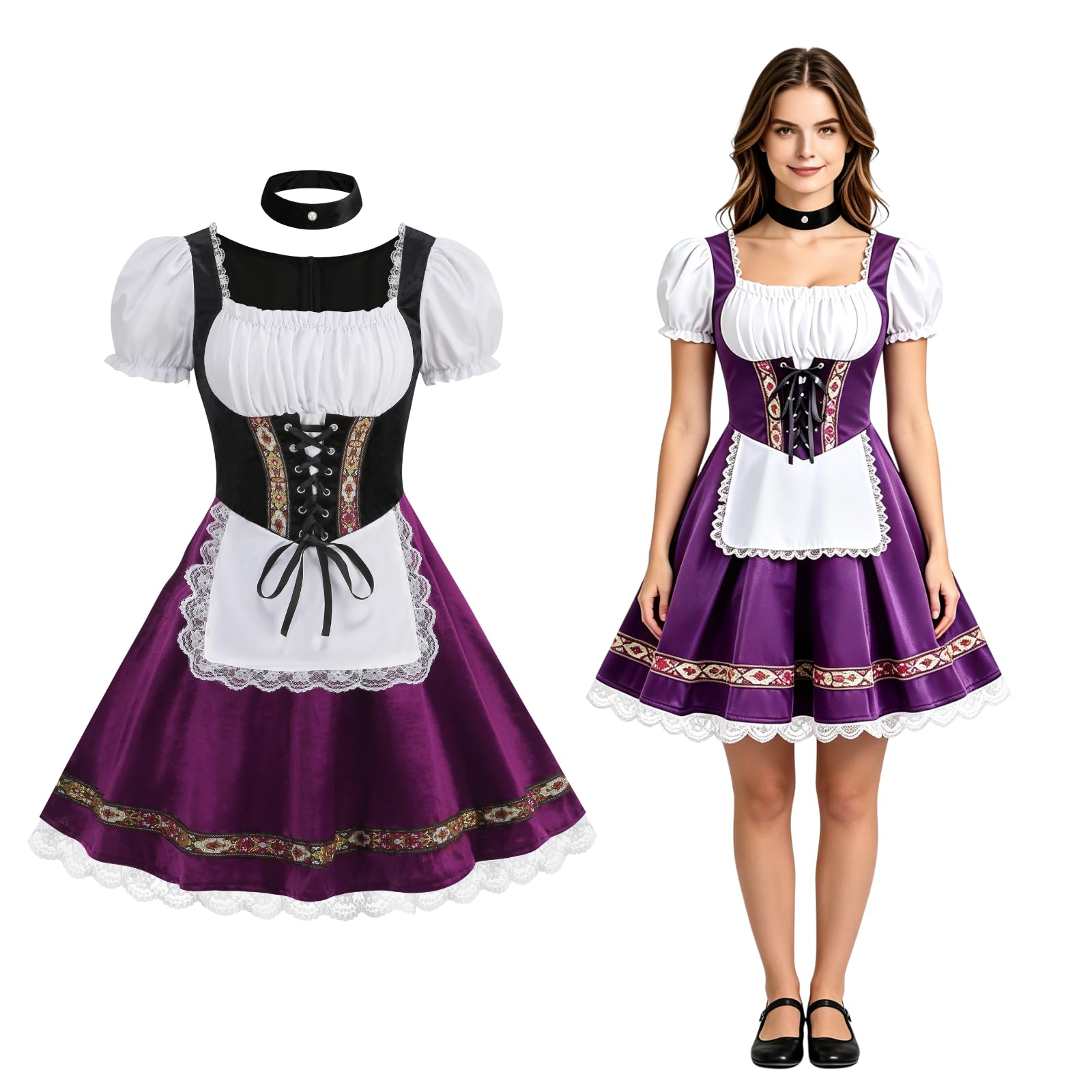 HAPNBCELE Oktoberfest Costume for Womens, German Dirndl Dress Puff-Sleeves Traditional Bavarian Carnival Halloween Outfits (Purple, Medium) — image 1