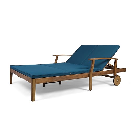 Great Deal Furniture Samantha Double Chaise Lounge for Yard and Patio, Acacia Wood Frame, Teak Finish with Blue Cushions