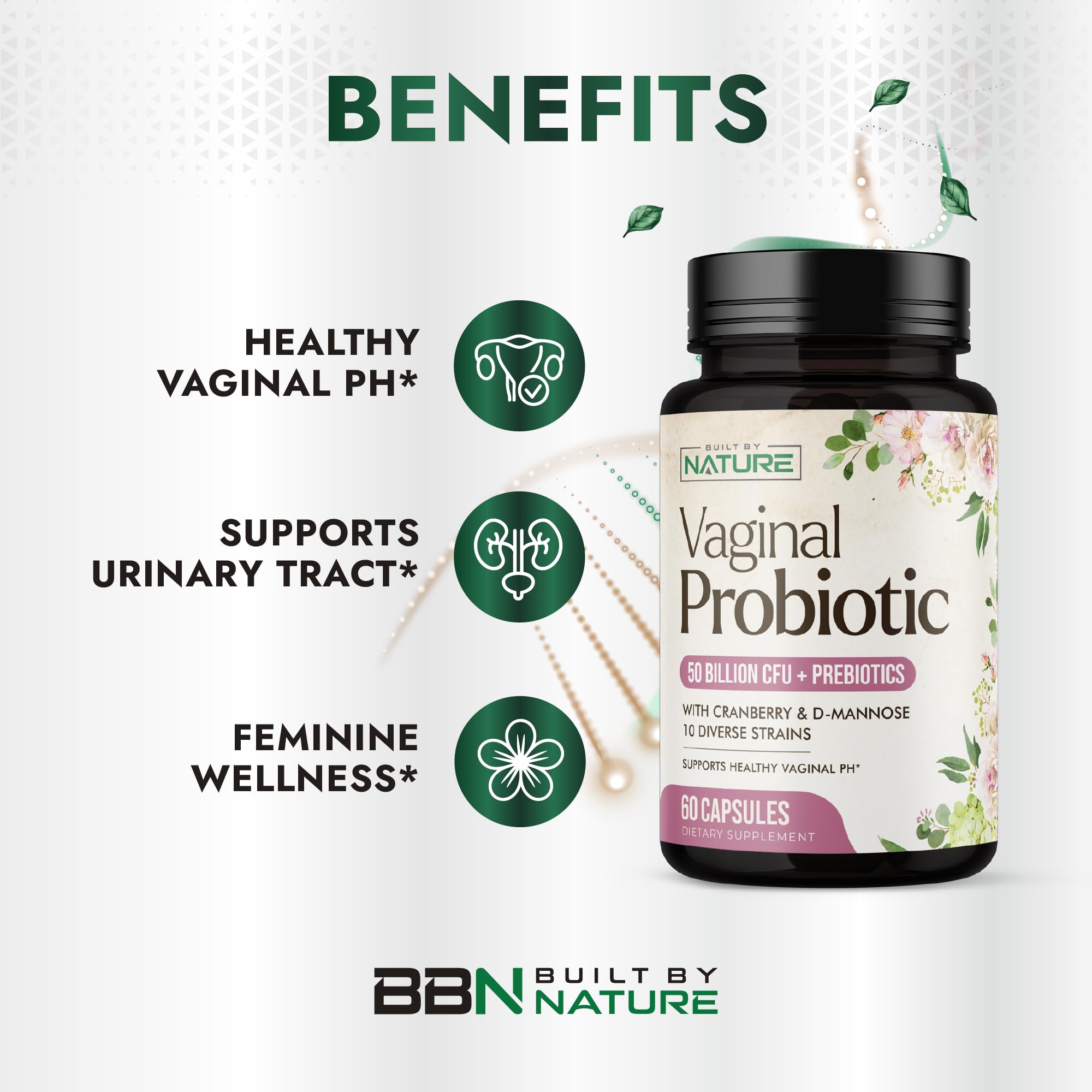 Built by Nature Vaginal Probiotics for Women – pH Balance & Feminine Health with Prebiotics, Lactobacillus & Cranberry Extract – 50 Billion CFU – Support UT, Vaginal Odor & Flora – 60 Capsules — Amazon image 4