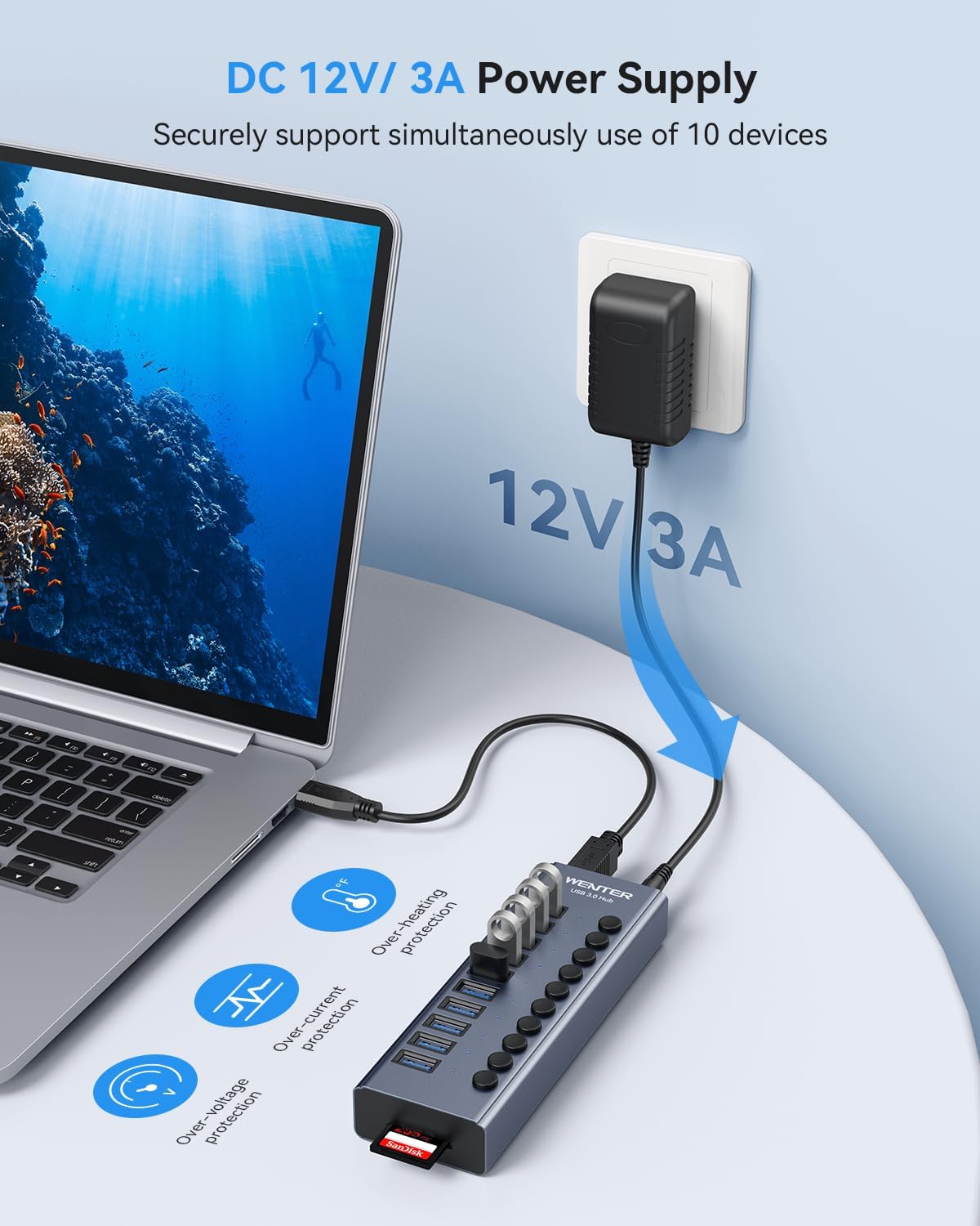 Hub USB 3.0 alimentato, Wenter 10 porte USB Hub Splitter con singoli interruttori LED On/Off
