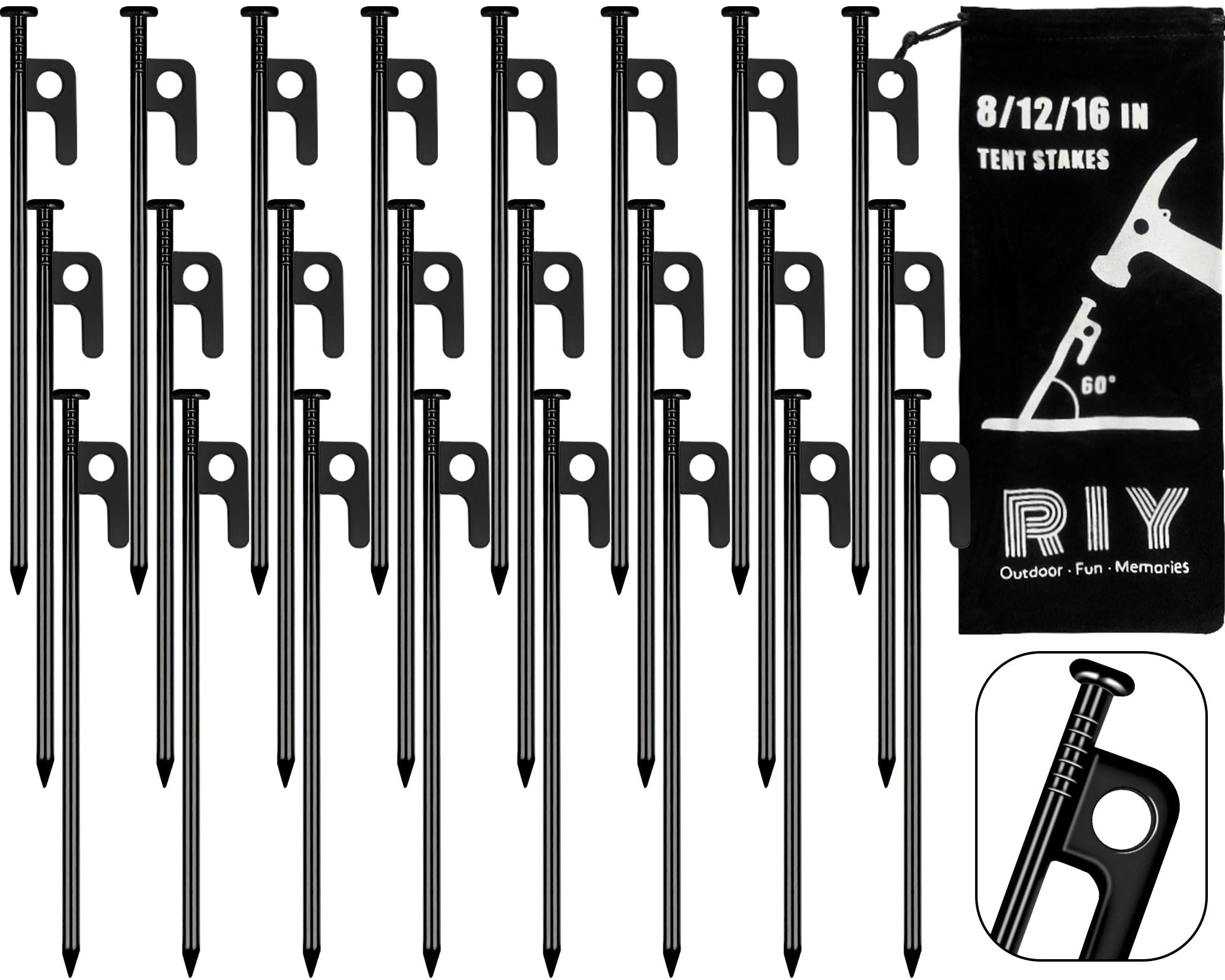 RIY Tent Stakes Heavy Duty 8 inch Metal Tent Pegs for Camping Steel Tent Stakes Inflexible and Unbreakable-24 PCS