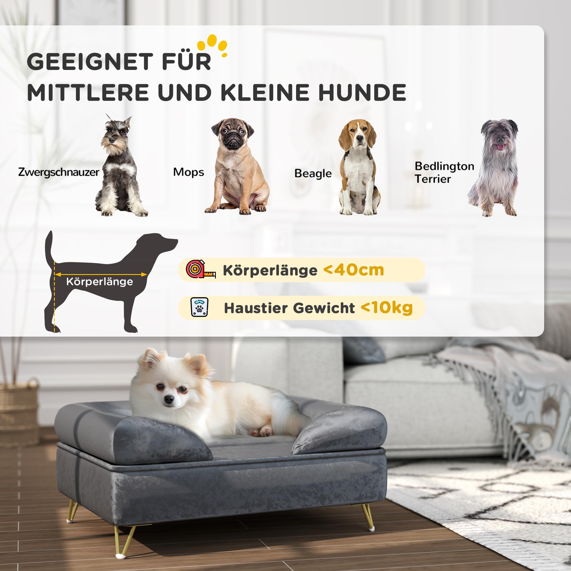 PawHut Hundesofa Hundecouch mit Kissen, Waschbarer Bezug, Haustiersofa mit Abnehmbare Rückenlehne und Metallbeine, Katzensofa für kleine und mittelgroße Hunde, Grau