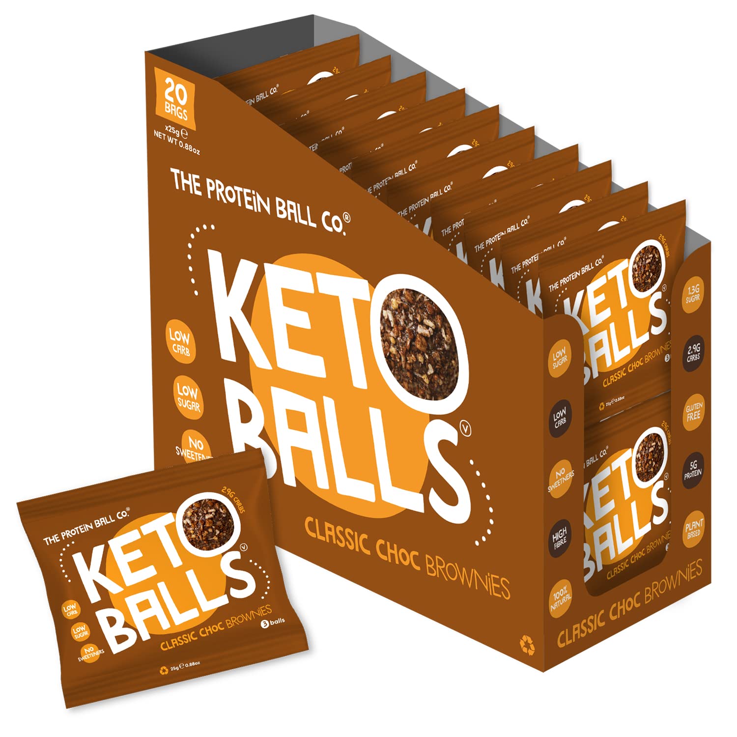 The Protein Ball Co Keto Snacks - Bite-Size Keto Treats - 100% Natural, Low Carb, Low Sugar, High Fibre Sweet Treats - Plant-Based & Gluten Free - Classic Choc Brownie, Pack of 20 x 25g