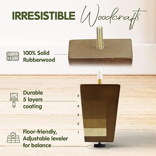 Miniatura 5 de Yes4All Juego de 4 patas cuadradas de madera para muebles de 4 pulgadas, patas modernas de mediados de siglo marrón para sofá, otomana, banco,