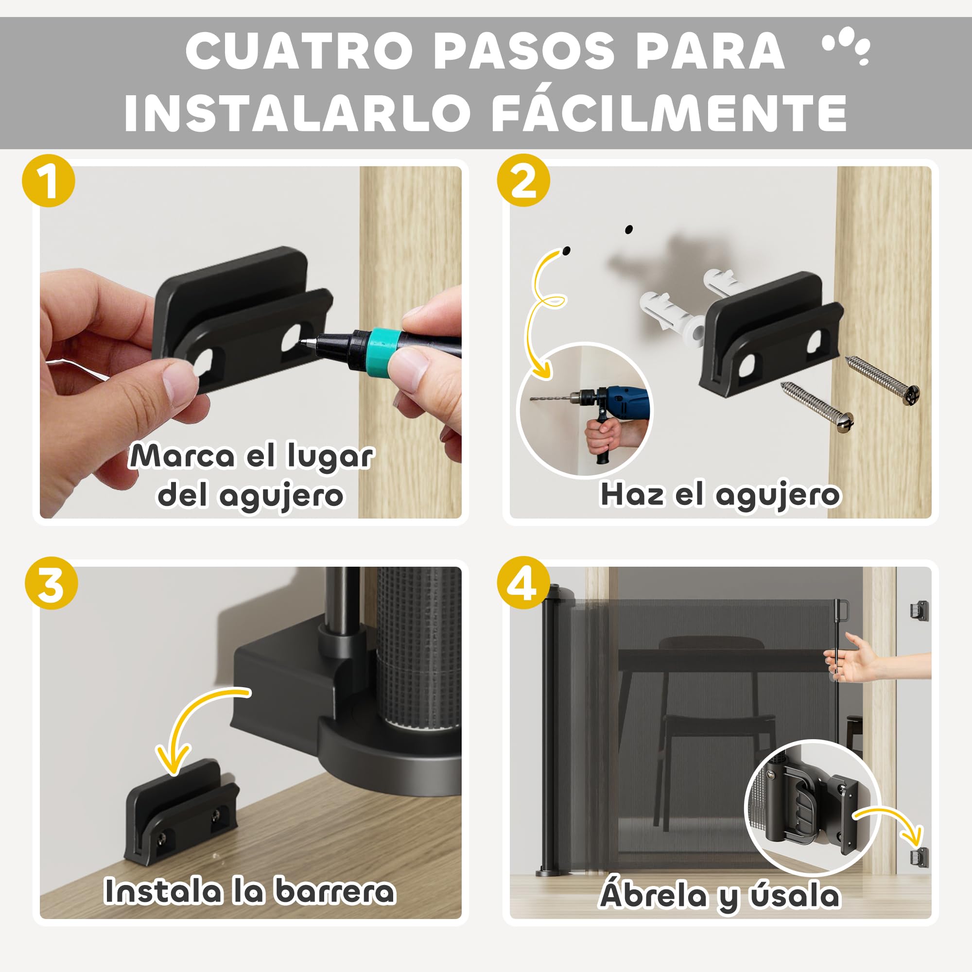 PawHut Barrera de Seguridad para Perros Retráctil 0-136 cm Puerta para Perros Pequeños Extensible con Interruptor de Cierre Red de Seguridad para Pasillos Escaleras Interiores y Exteriores Negro