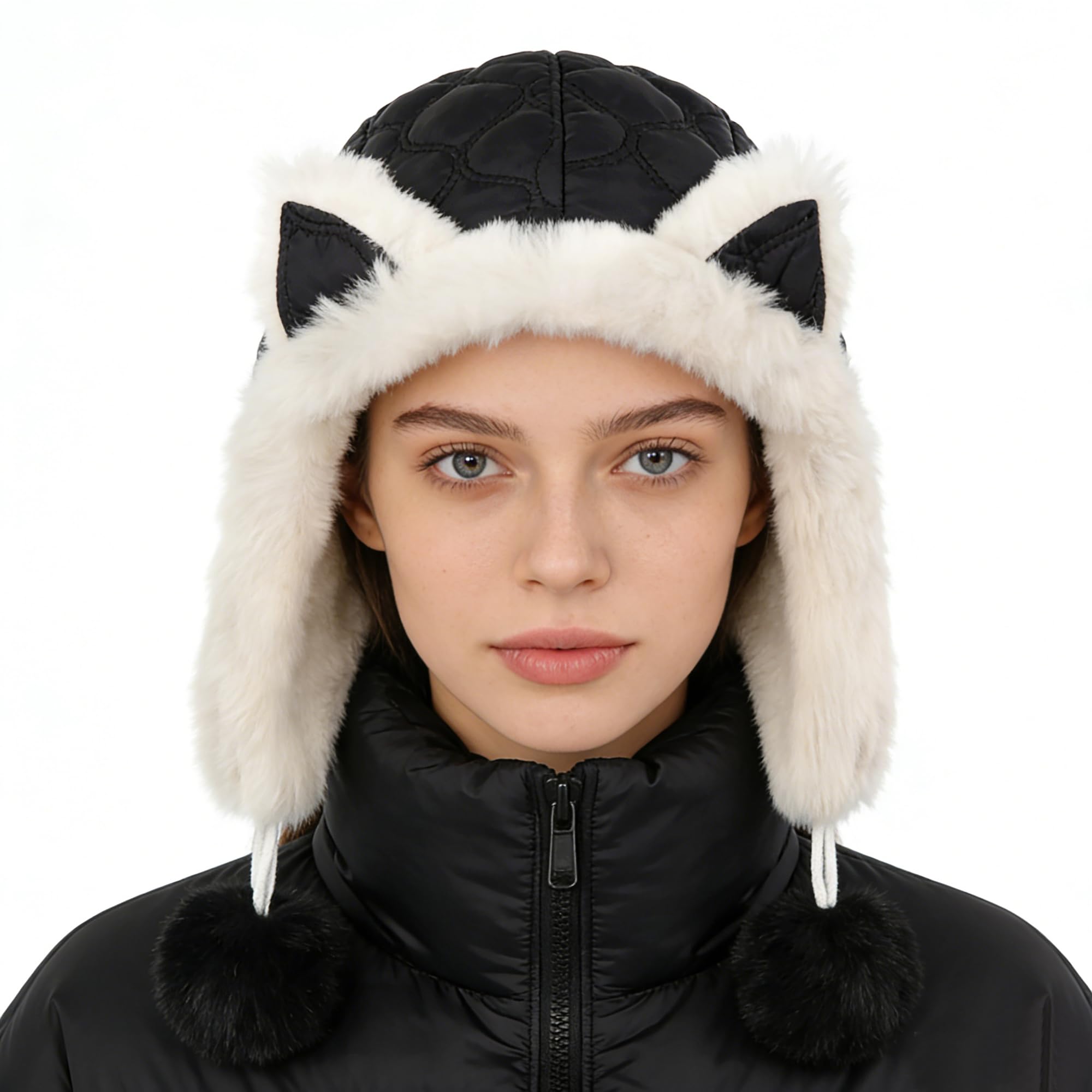 JIAHG Chapeau de Trappeur avec Oreilles de Renard pour Femme et Fille Chapka d'hiver à Pompons Doublure en Peluche Épais Chaud Cagoule avec Oreillettes Bonnet de Ski Neige Snowboard