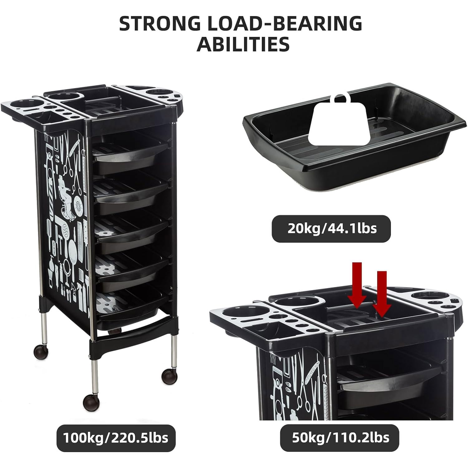 Carrello per estetista con ruote Carrello per salone con 5 cassetti Nero con motivo Carrello per parrucchieri, bellezza, tatuaggi