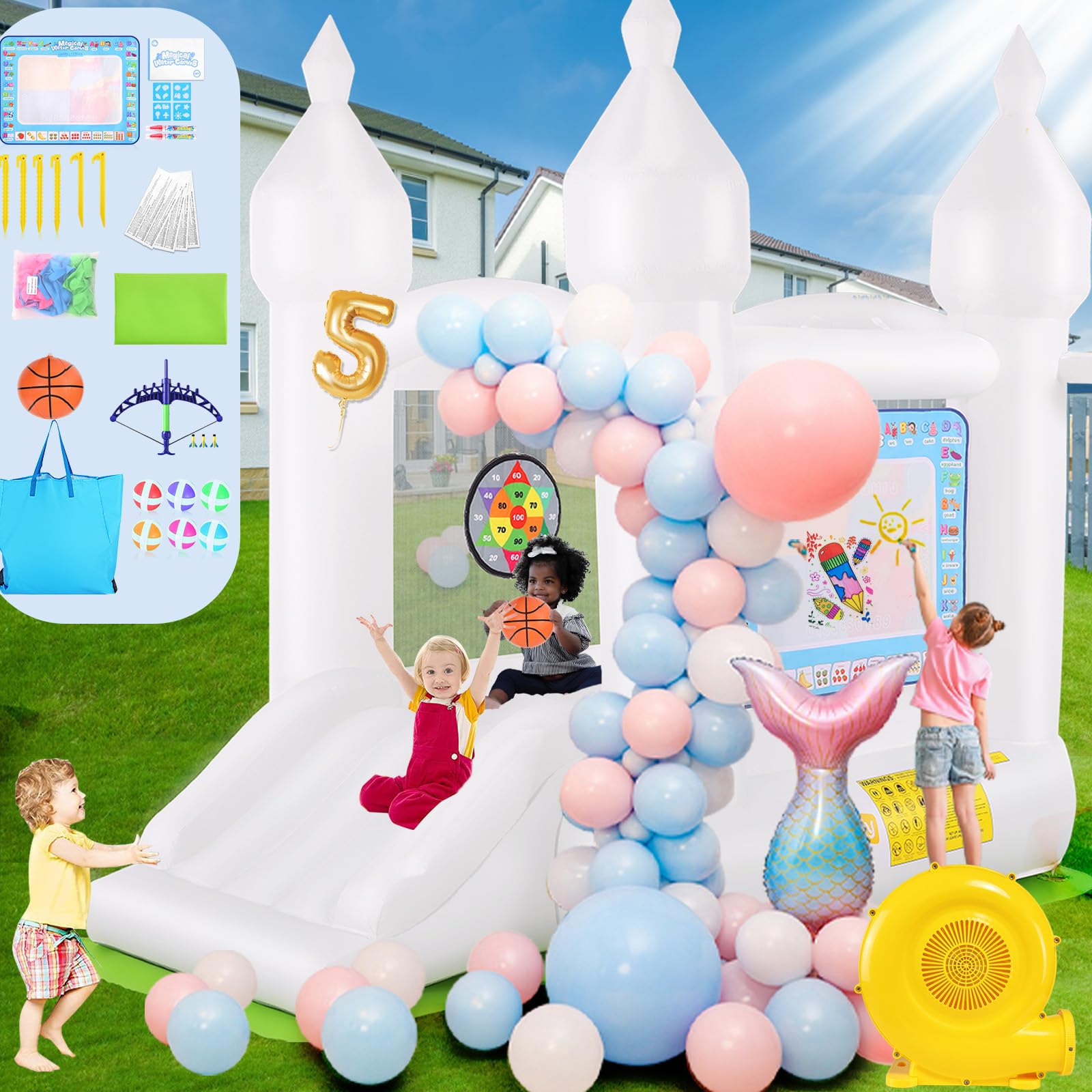 White Bounce House Indoor Outdoor Bouncy Castle for Kids 2-8 Oxford Toddler Bounce House with Slide Balloon & Blower,103 x 71 x 90 inch,Children's Birthday Party Gifts