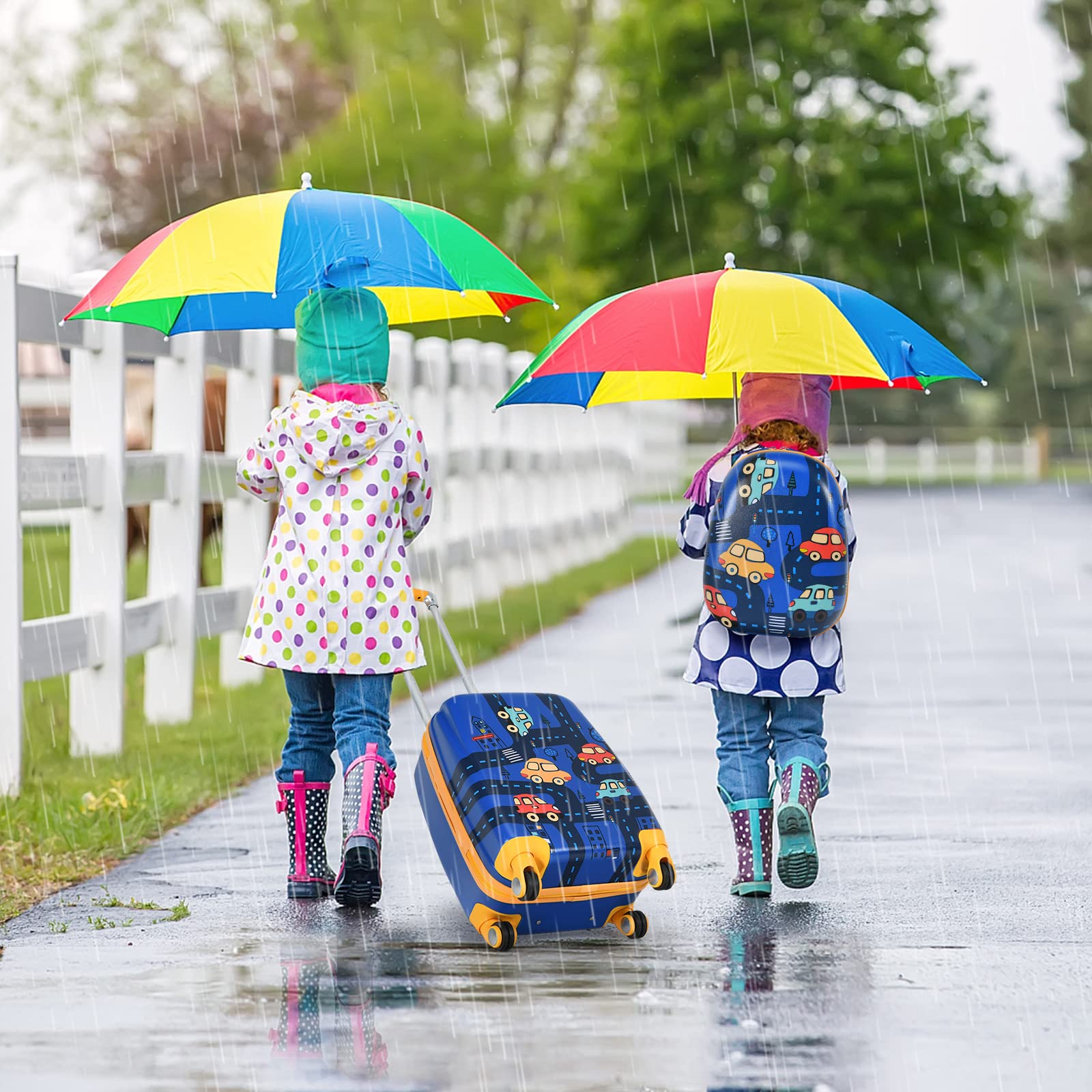 DREAMADE Trolley per Bambini, Set di Zaino + Trolley da Viaggio con Maniglia Leggero con Ruote (12"+18", Auto)