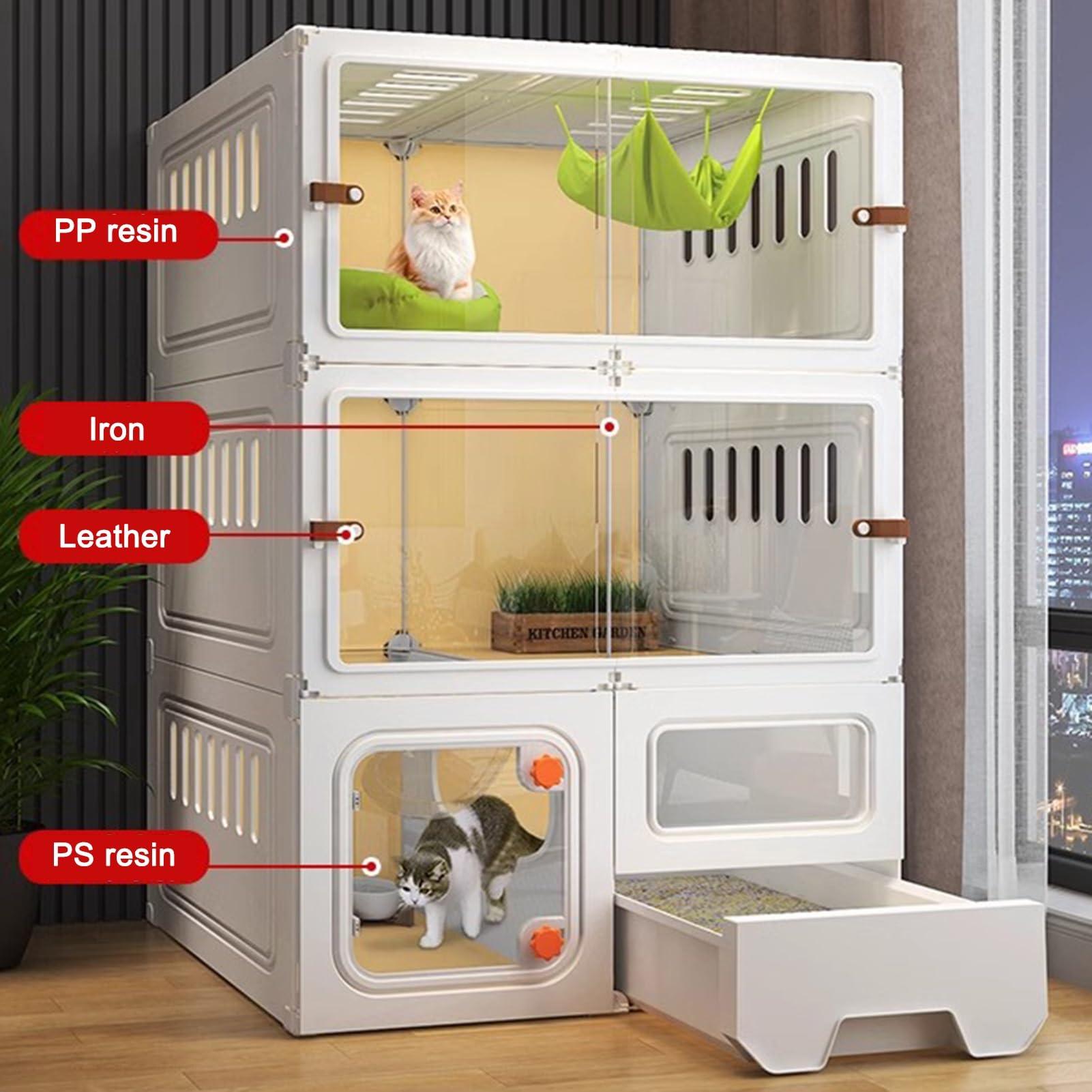 Cat Cage Indoor Cat Enclosures, DIY Cat Playpen with Cat Litter Box, Tall Three-Tier Cat Enclosures with 360° Ventilation, with Sliding Transparent Cat Door(White)