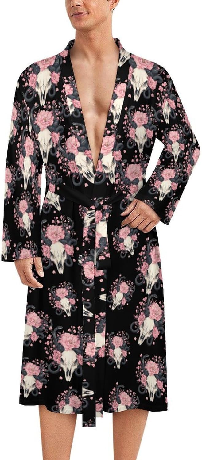 Animal Skull with Flowers Snake Mens Robe Long Bathrobe for Women Bath Robes Lightweight Soft Printed Sleepwear