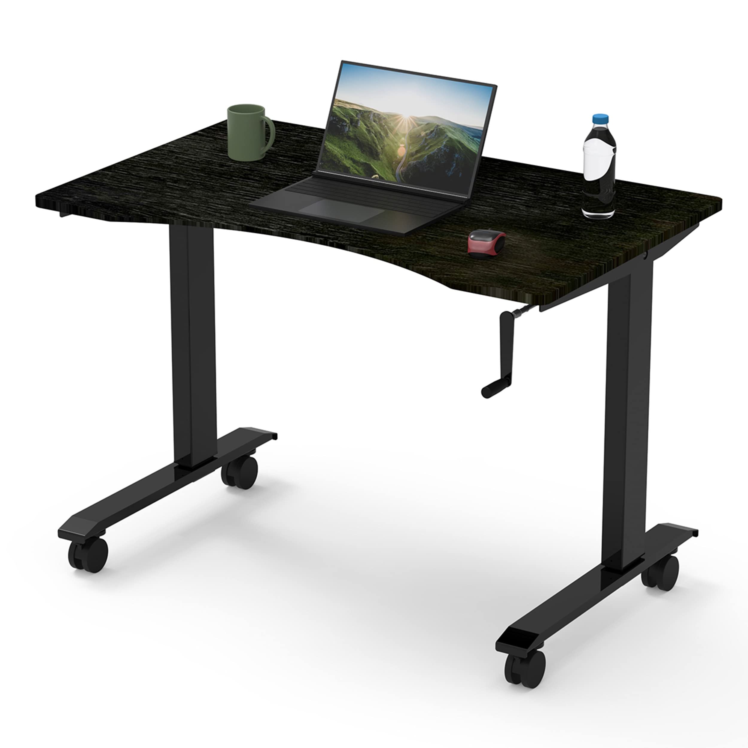 Stand Up Desk Store Crank Adjustable Height Rolling Standing Desk (Charcoal Frame/Curved Black Coffee Bamboo Top, 48